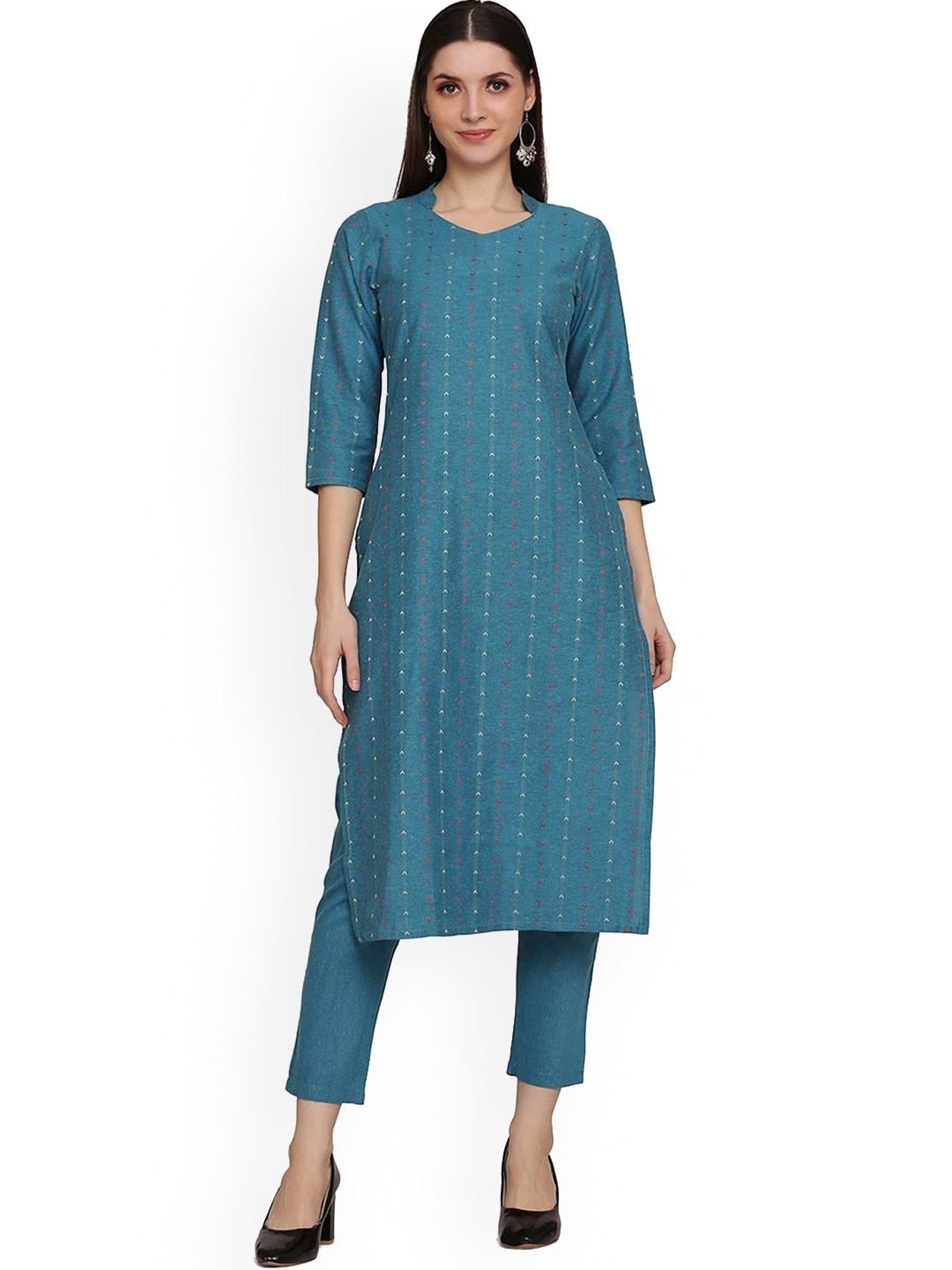 

HRITIKA Women Blue Striped Pure Cotton Kurti with Trousers