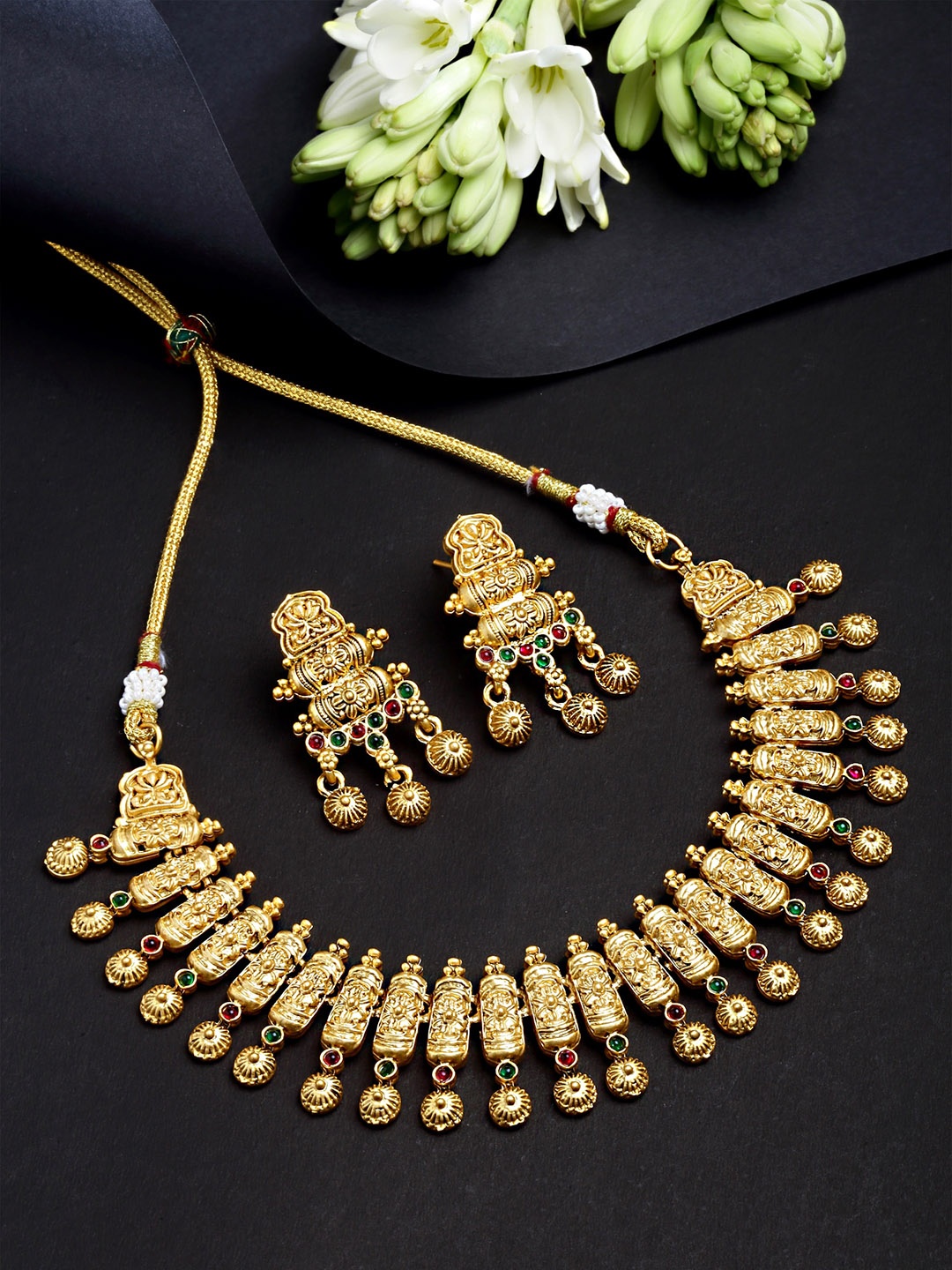 

KARATCART Gold-Plated Red & Green CZ-Studded Temple Jewellery Set