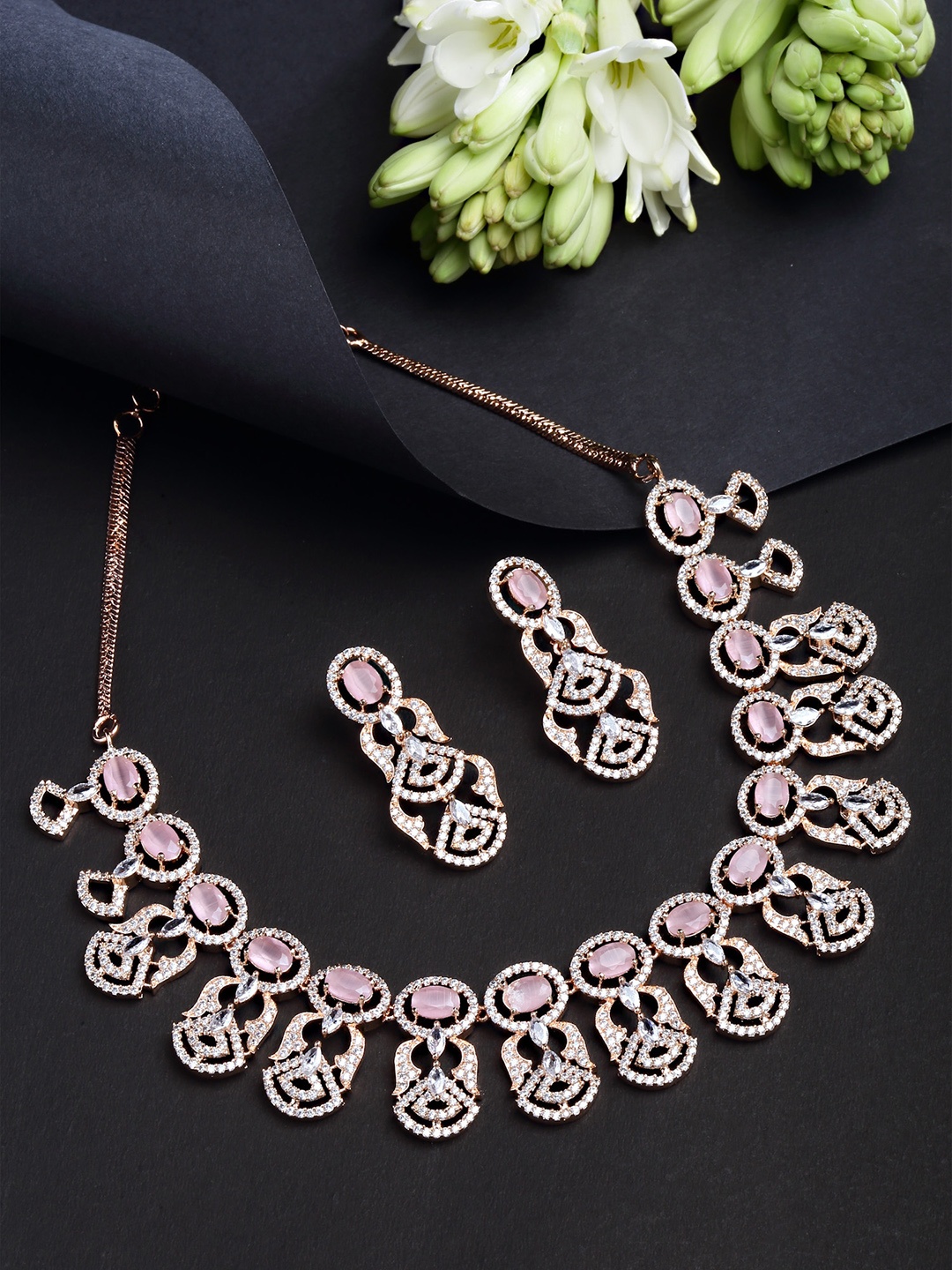 

KARATCART Rose Gold-Plated White CZ Studded Choker Necklace Set