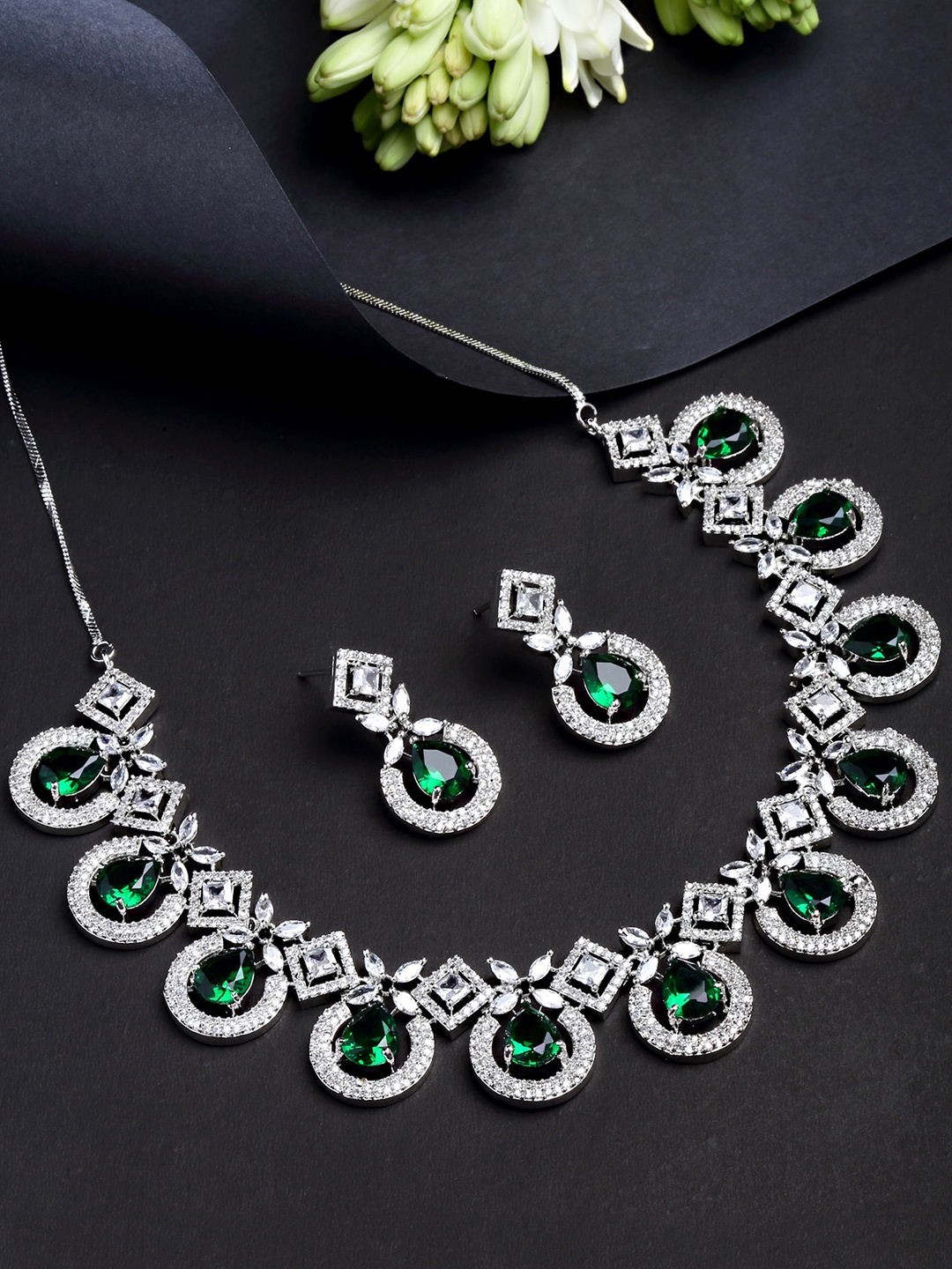 

KARATCART Women Silver-Plated Green CZ Stone Studded Jewellery Set