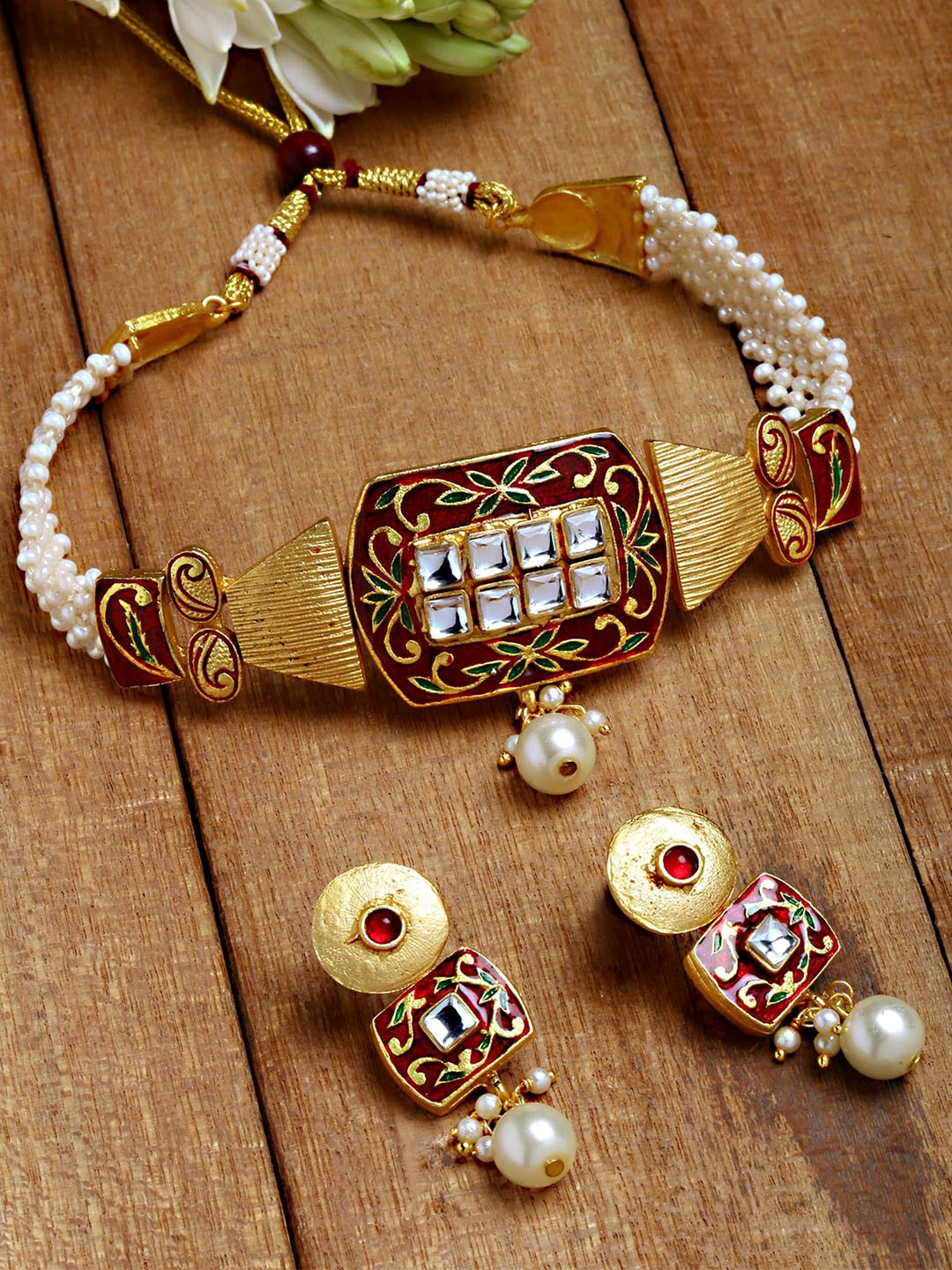

KARATCART Gold-Plated Red Pearl Beaded Choker Jewellery Set