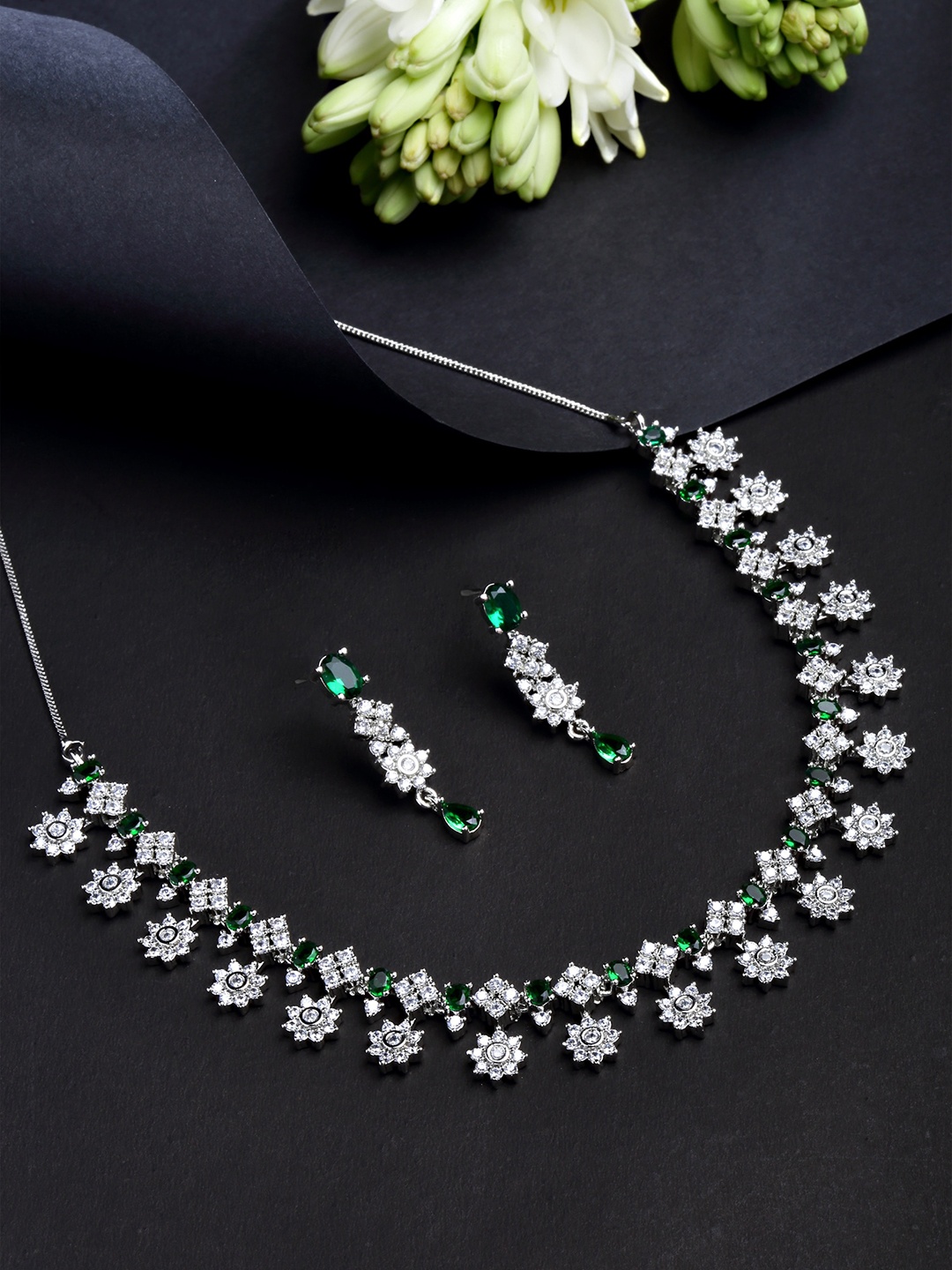 

KARATCART Silver-Plated White & Green CZ Studded Handcrafted Jewellery Set