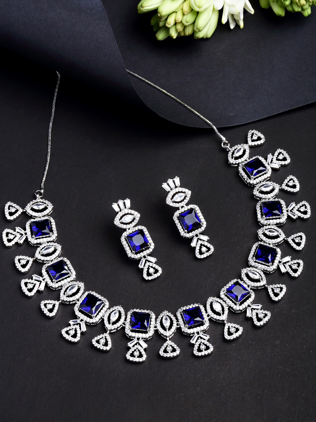 

KARATCART Silver-Plated Blue Cubic Zirconia Stone-Studded Jewellery Set