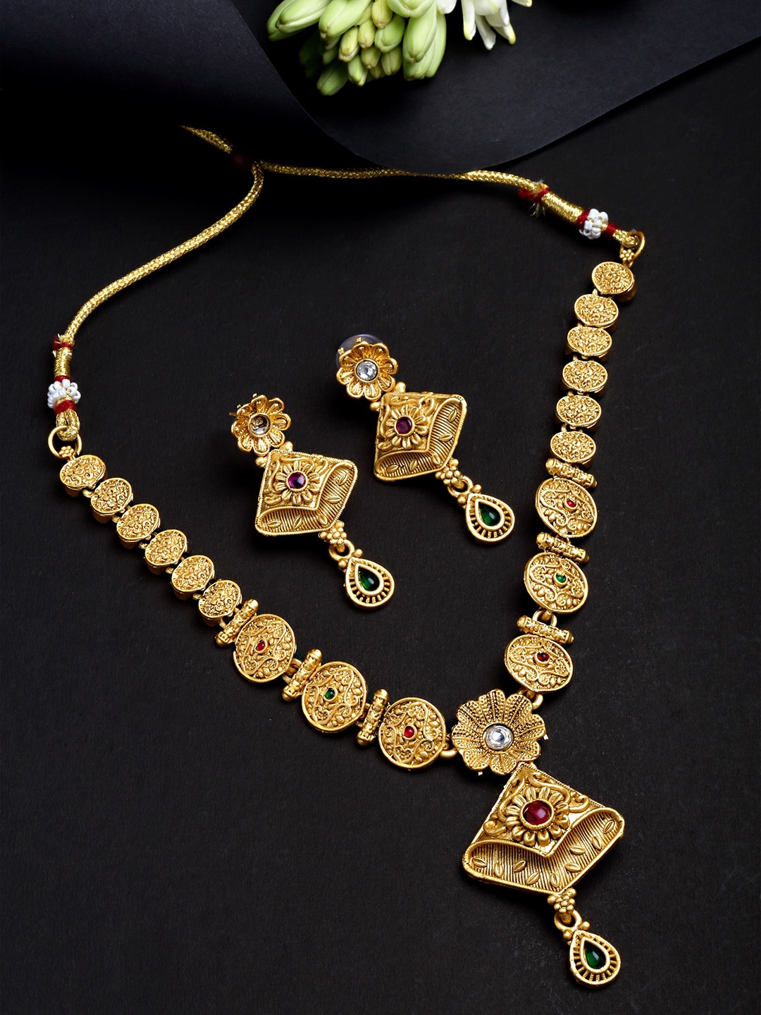 

KARATCART women Gold-Plated Red & Green CZ-Studded & Beaded Jewellery Set