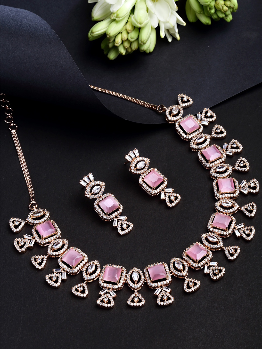 

KARATCART Women Rose-Gold Plated Pink CZ Stone Studded Jewellery Set