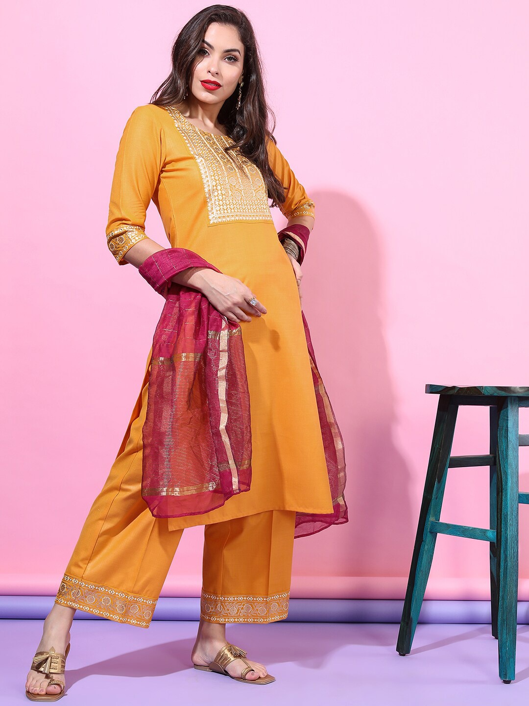 

Vishudh Women Yellow Ethnic Motifs Yoke Design Kurta with Trousers & With DupattA