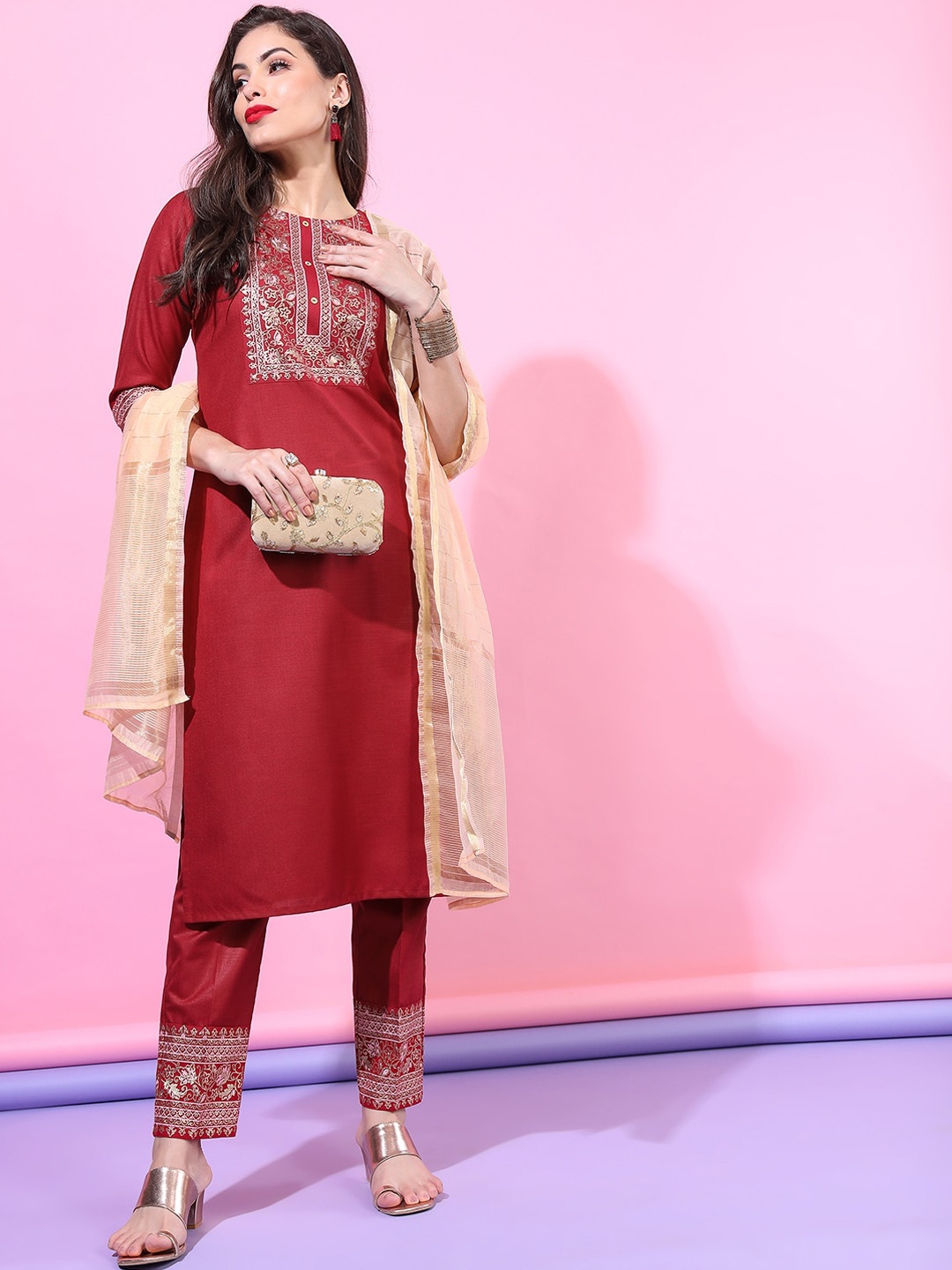 

Vishudh Women Red Ethnic Motifs Yoke Design Kurta with Trousers & With Dupatta