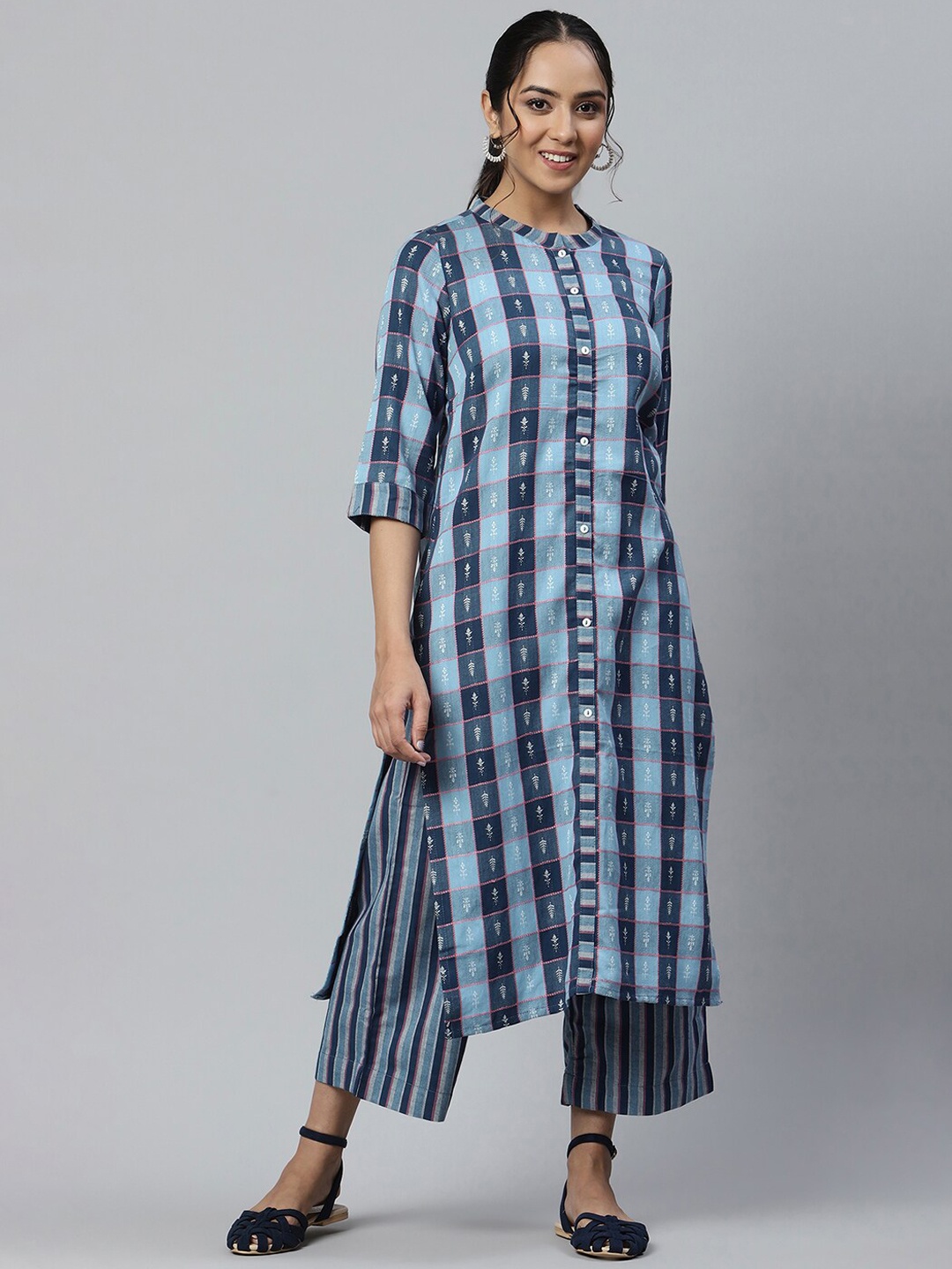 

AURELIA Women Blue Printed Chanderi Cotton Kurta Set