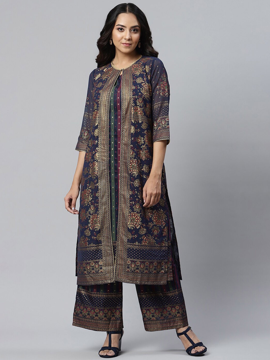 

AURELIA Women Blue Printed Pleated Kurta with Palazzos