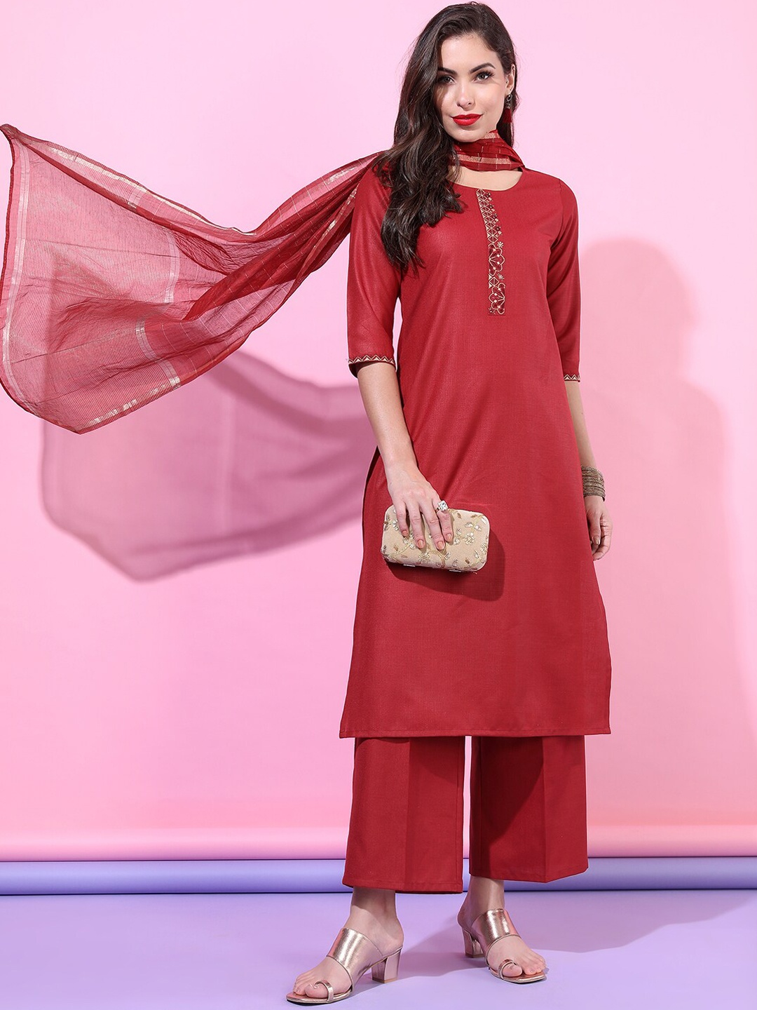 

Vishudh Women Red Embroidered Kurta with Palazzos & With Dupatta