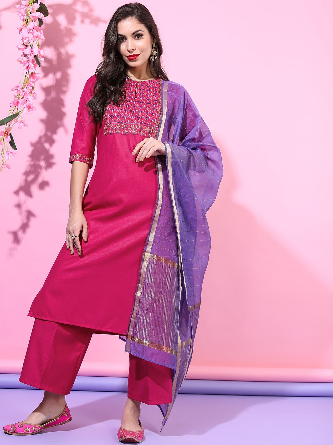 

Vishudh Women Pink Floral Yoke Design Kurti with Trousers & With Dupatta