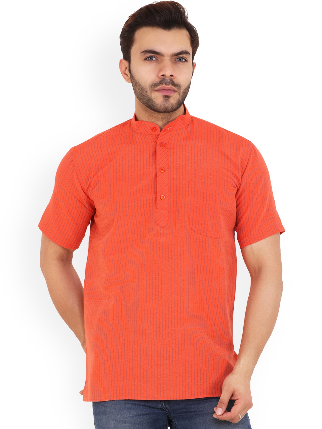 Latest Chikan Garments Men Striped Straight Short Kurta, Orange