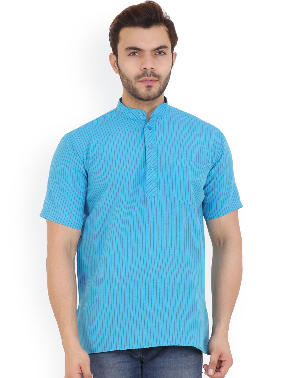 

Latest Chikan Garments Men Turquoise Blue Striped Thread Work Kurta