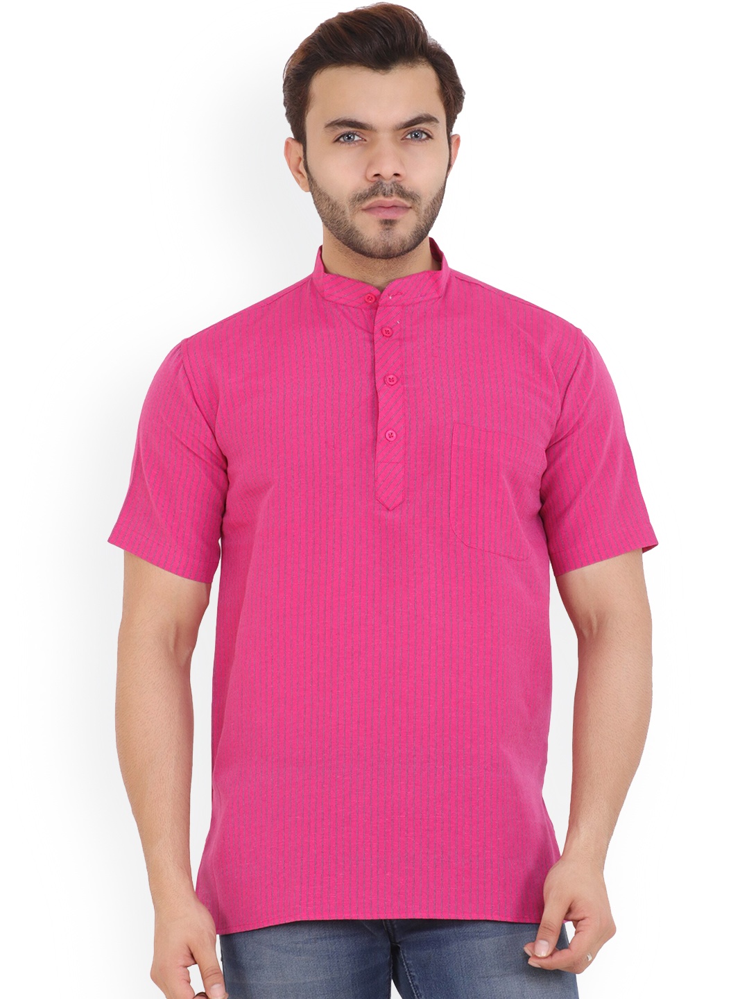 

Latest Chikan Garments Men Pink Striped Cotton Kurta