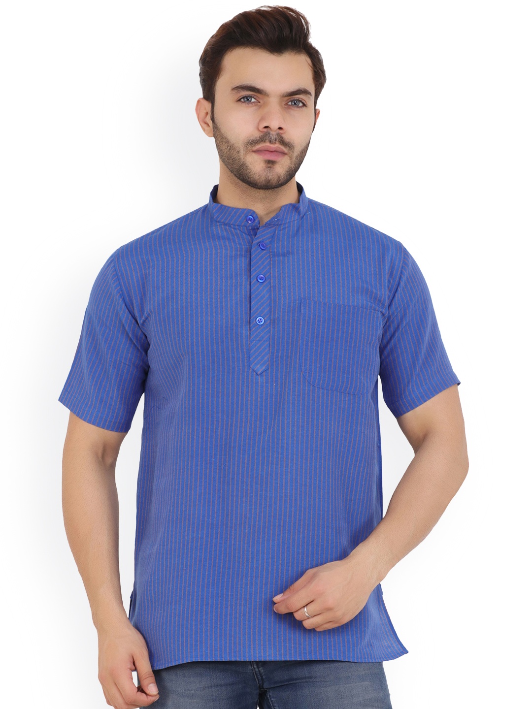 

Latest Chikan Garments Men Blue Striped Straight Short Kurta