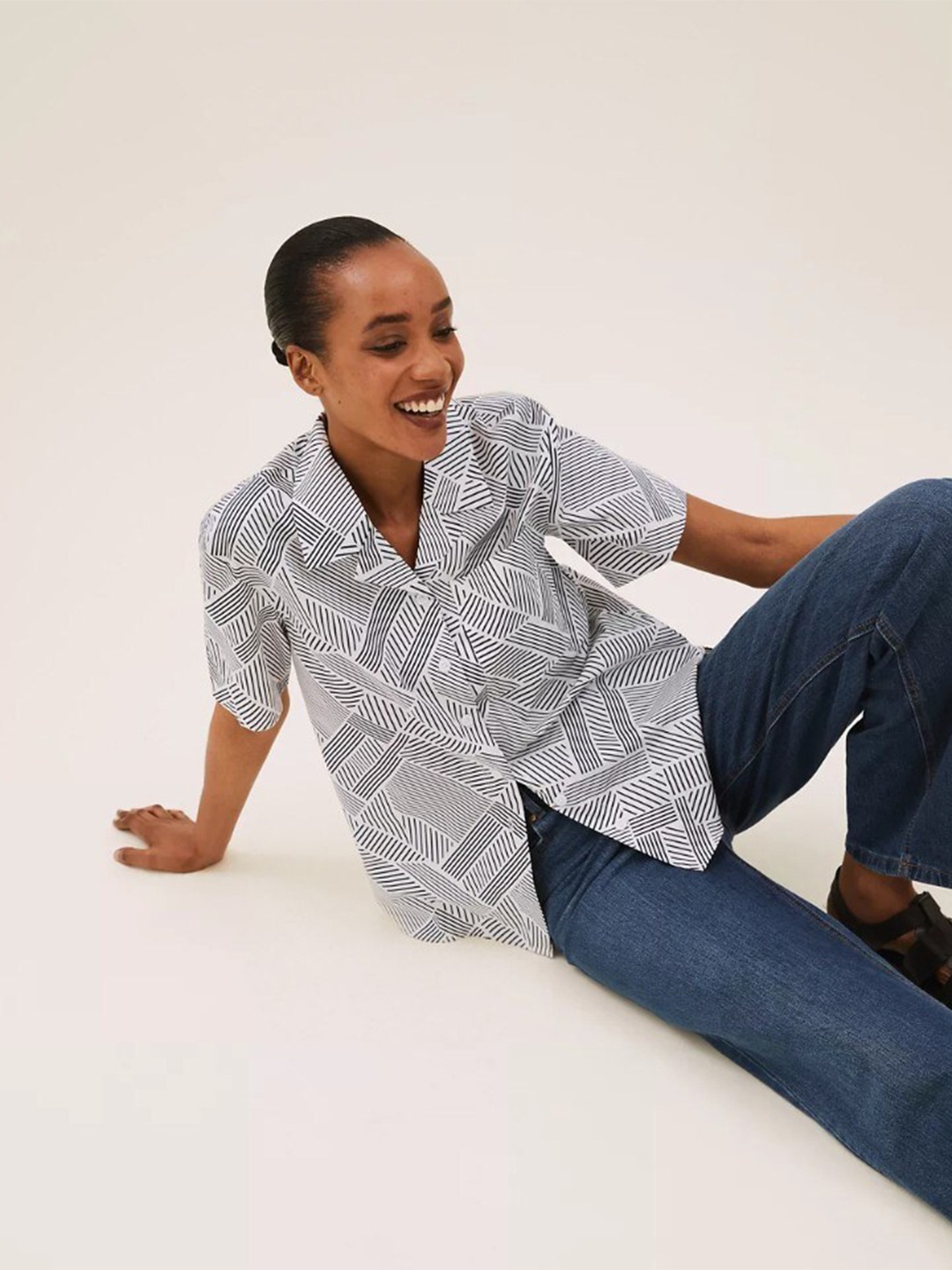 

Marks & Spencer White & Black Printed Cotton Top