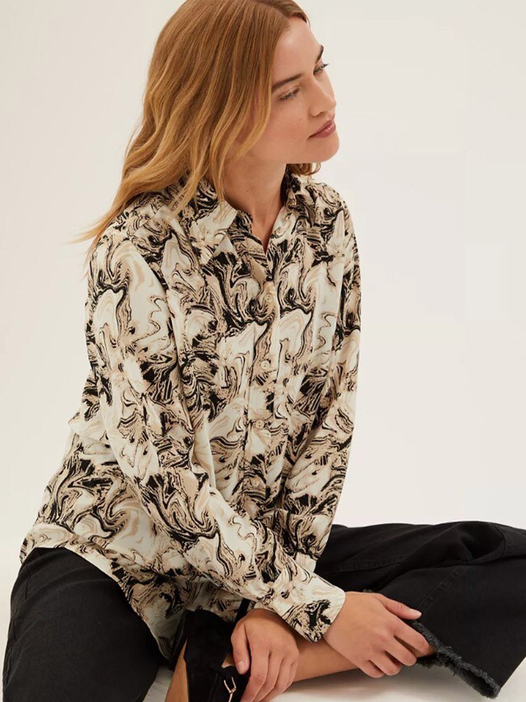 

Marks & Spencer Women's Brown & Off White Print Shirt Style Top