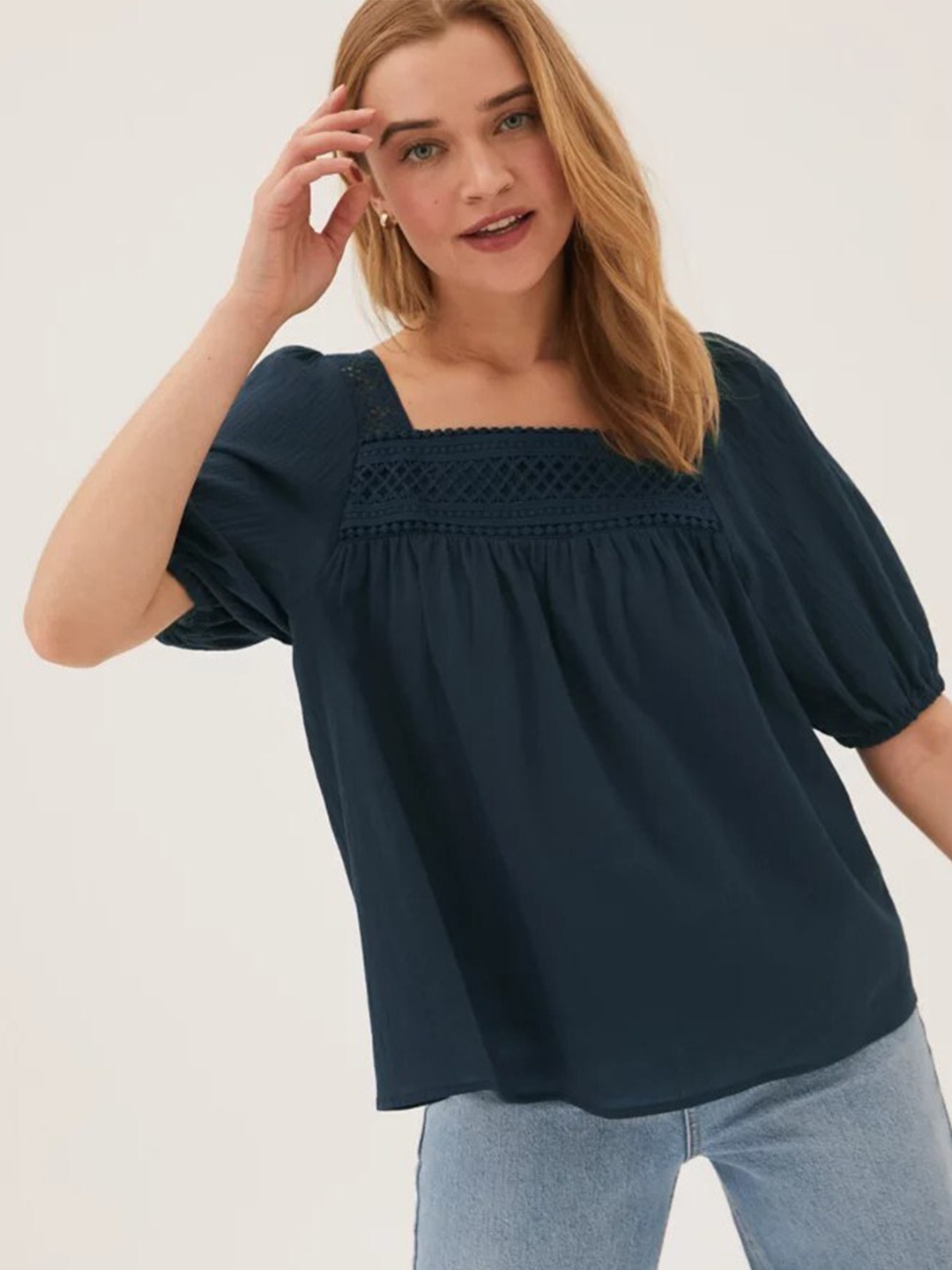 

Marks & Spencer Navy Blue Square Neck Puff Sleeves Top