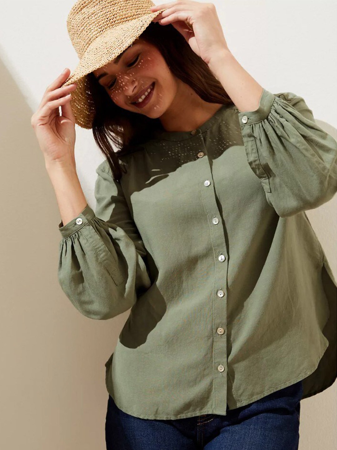 

Marks & Spencer Green Mandarin Collar Shirt Style Top