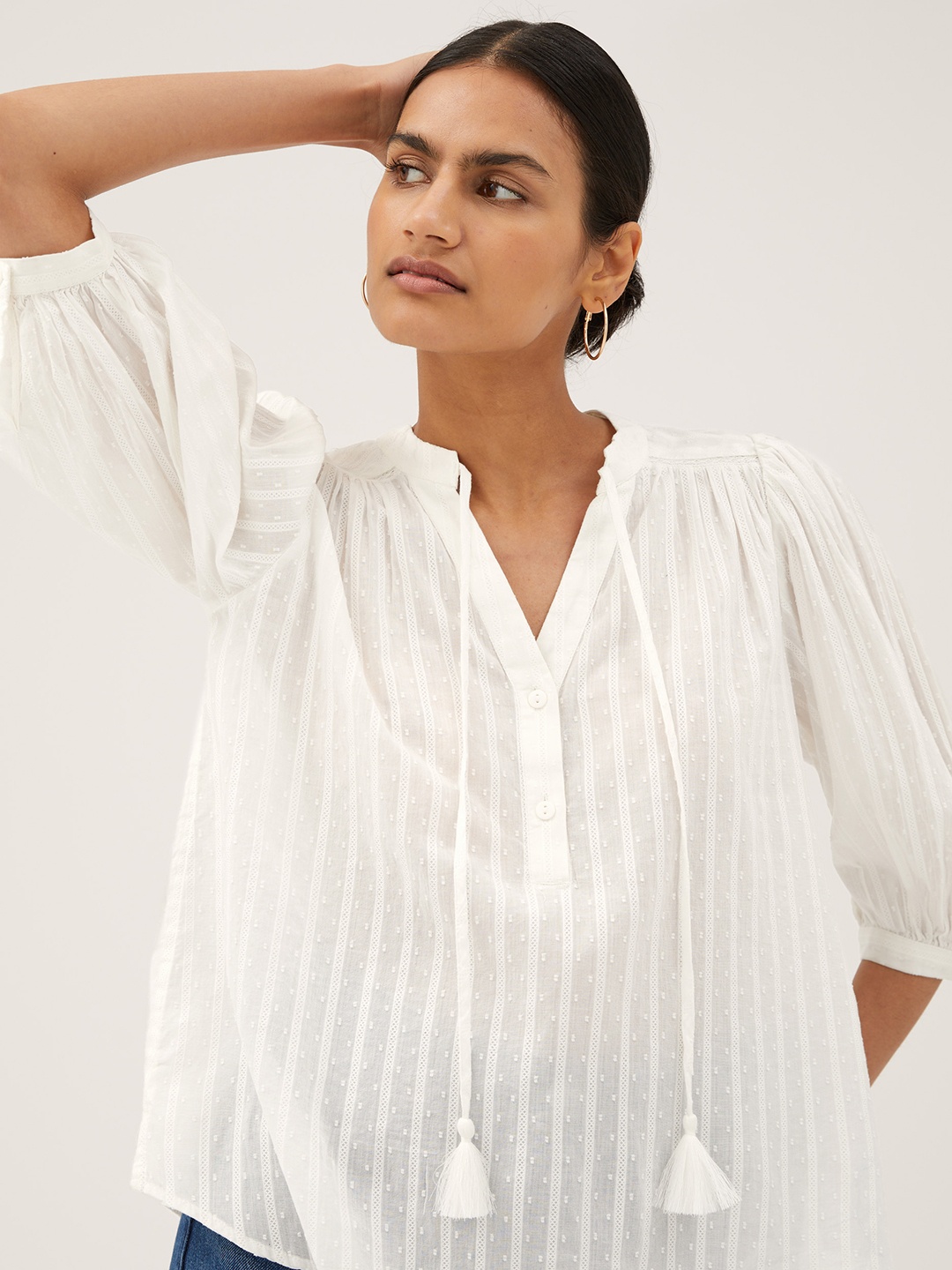 

Marks & Spencer White Striped Mandarin Collar Cotton Top