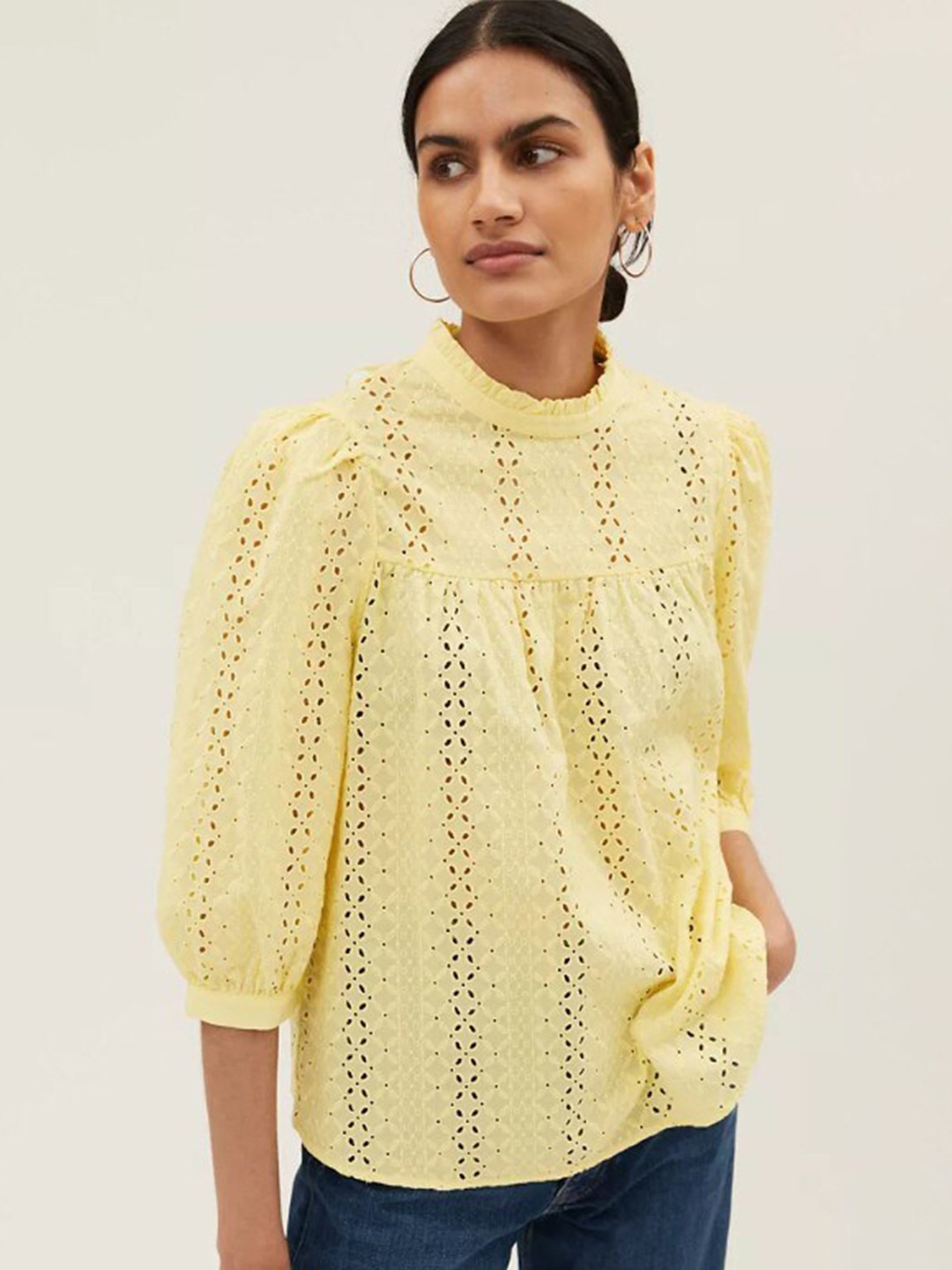 

Marks & Spencer Yellow Schiffli Self Design Cotton Top