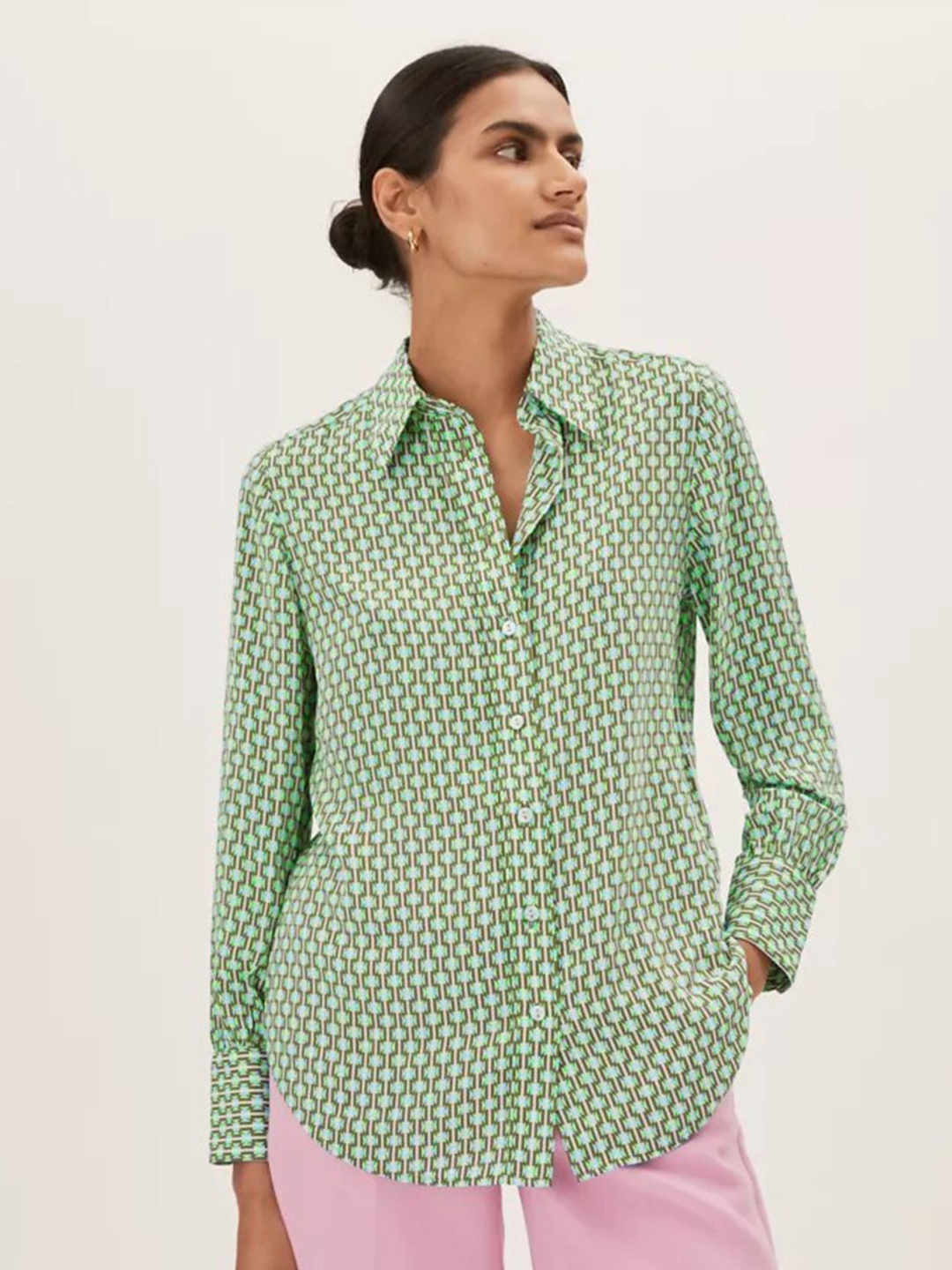

Marks & Spencer Women Green Geometric Print Shirt Top