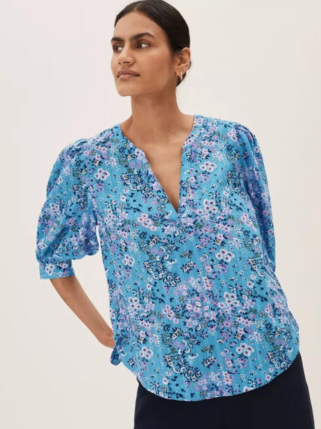 

Marks & Spencer Blue Floral Print Mandarin Collar Top