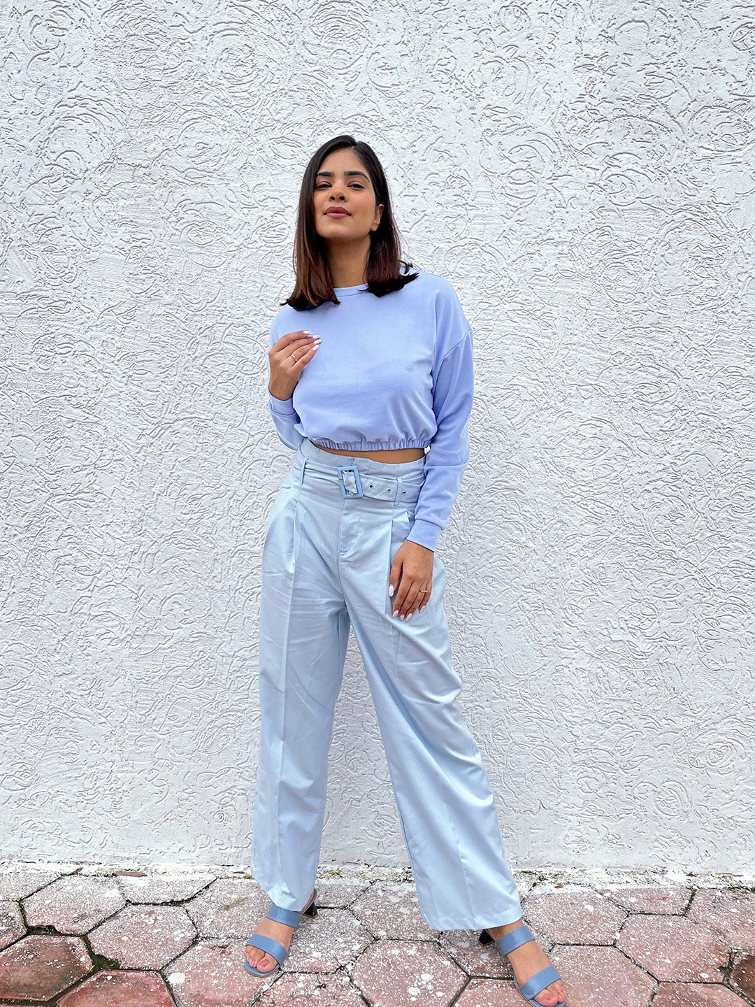 

Tokyo Talkies Women Purple Extended Sleeves Cinched Waist Crop Top
