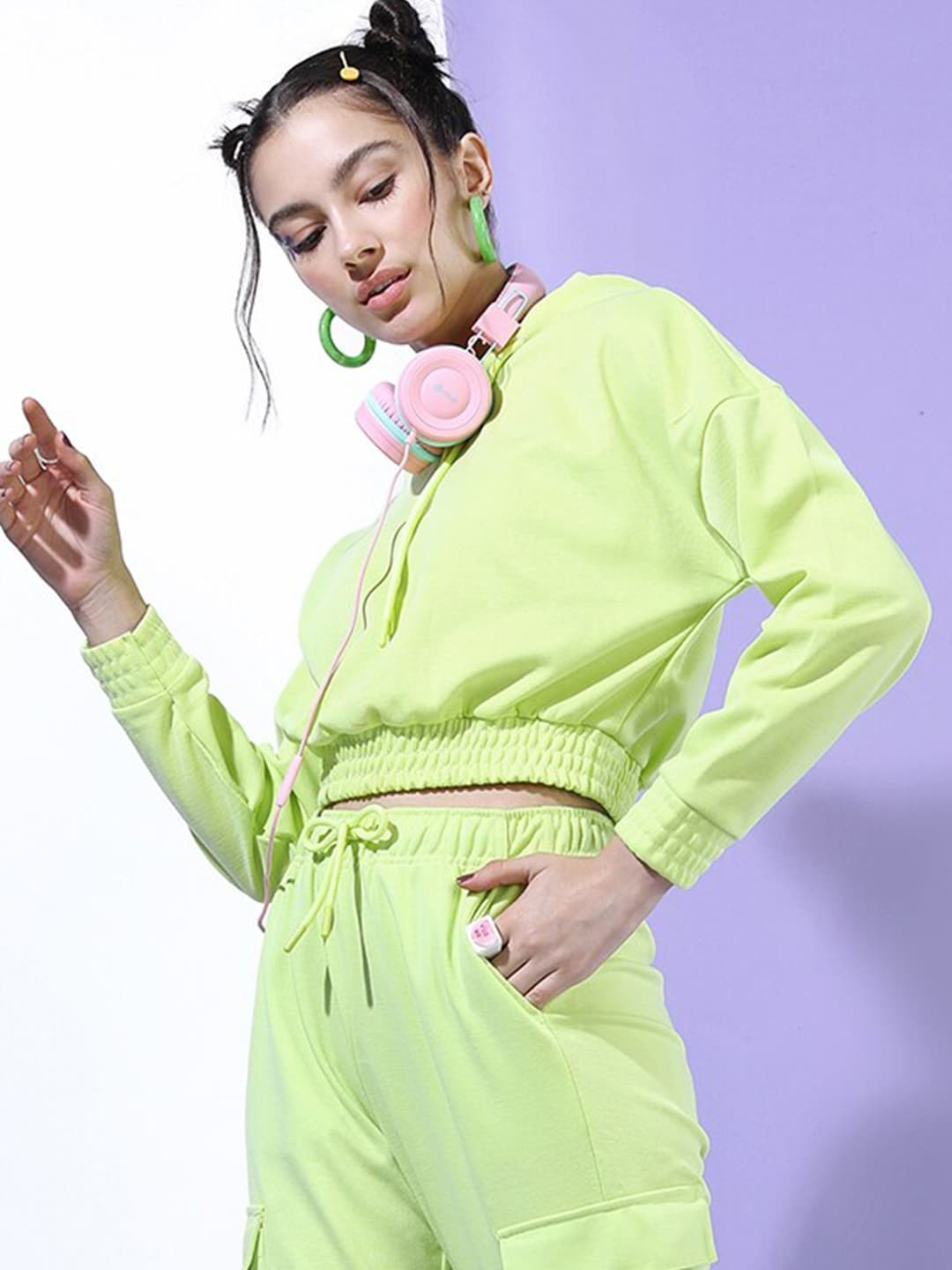

Tokyo Talkies Green Tie-Up Neck Blouson Hooded Crop Top