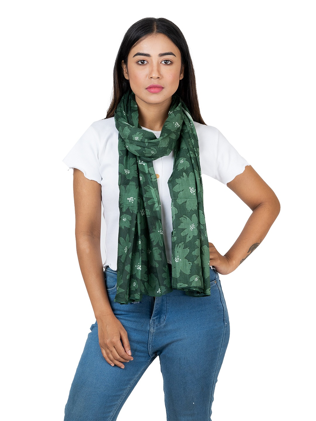 

AQVA Women Olive Green & White Printed Scarf