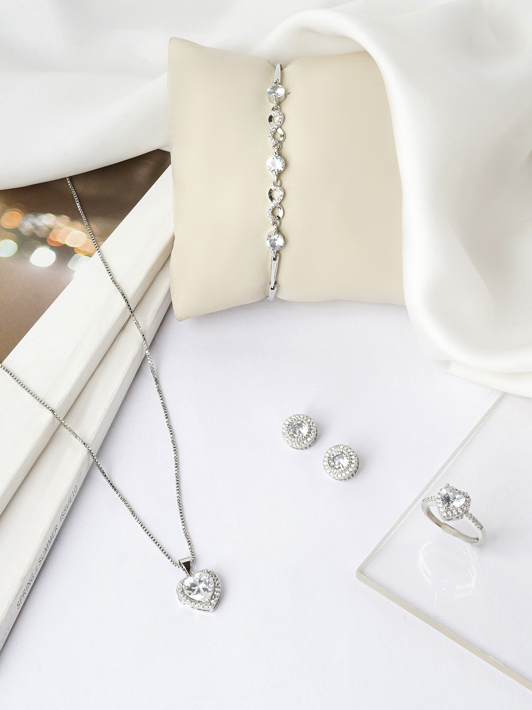 

JOKER & WITCH Silver-Coloured & White Stone Studded Jewellery Set
