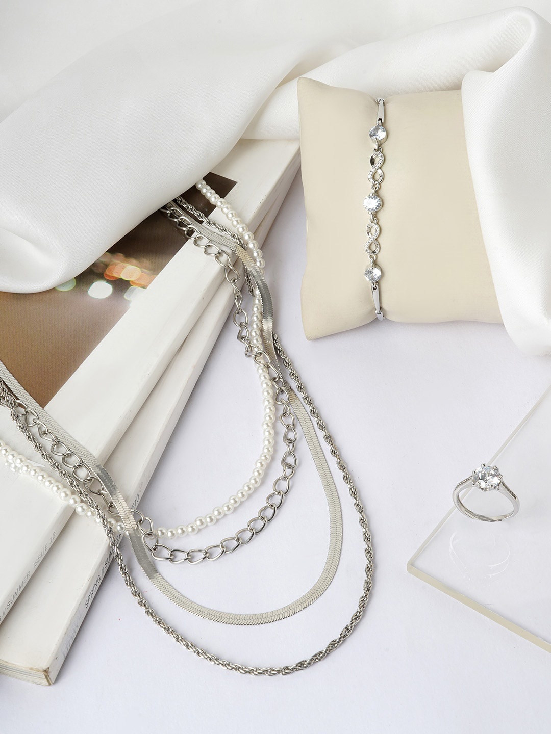 

JOKER & WITCH Silver-Coloured & White Stone Studded Jewellery Set