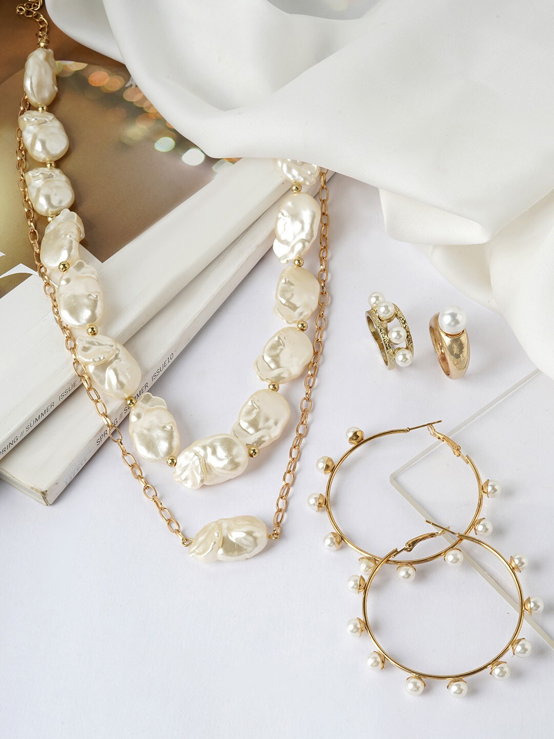 

JOKER & WITCH Gold-Coloured & White Pearls Studded Jewellery Set