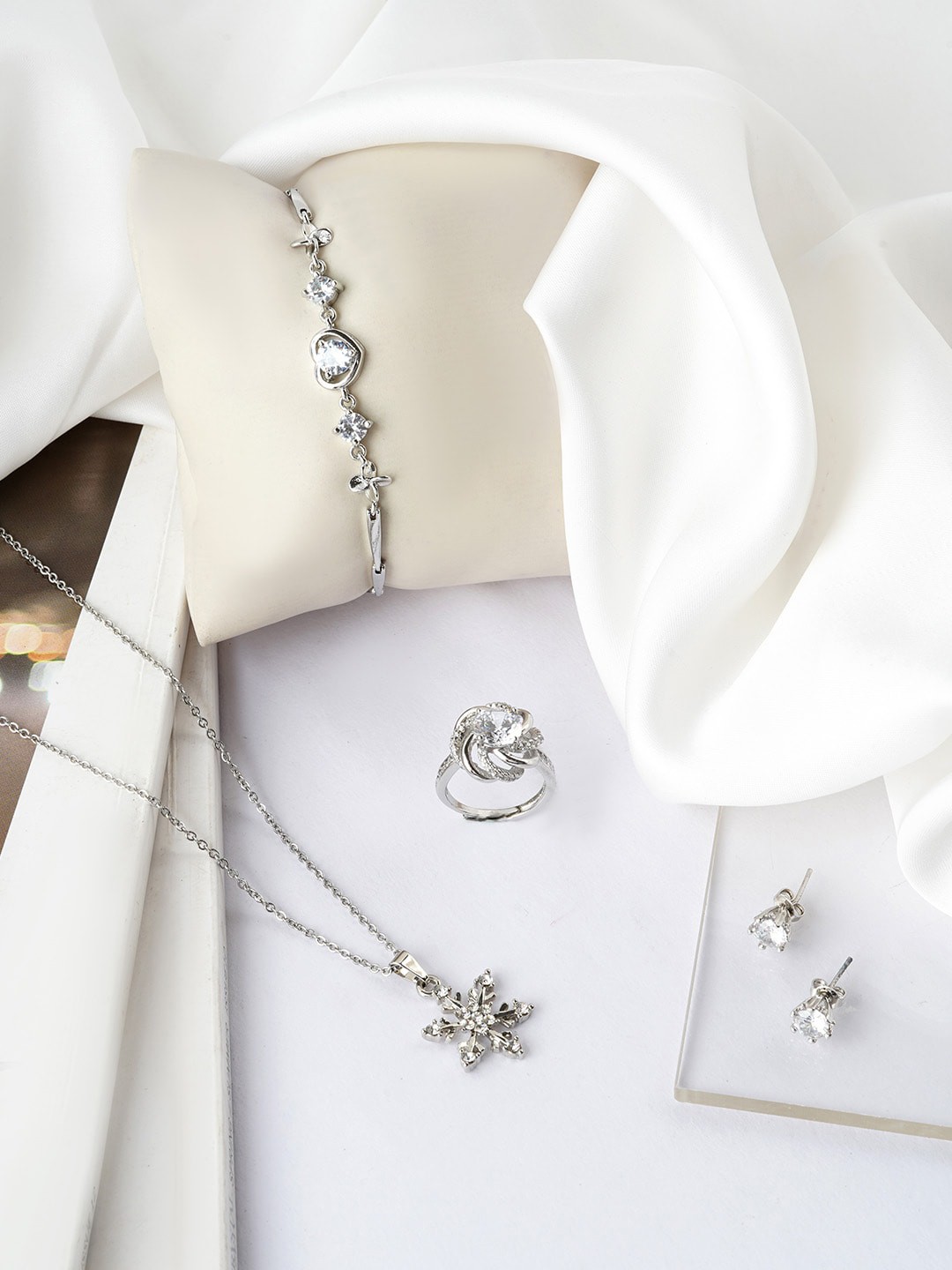 

JOKER & WITCH Silver-Coloured & White Stone Studded Jewellery Set