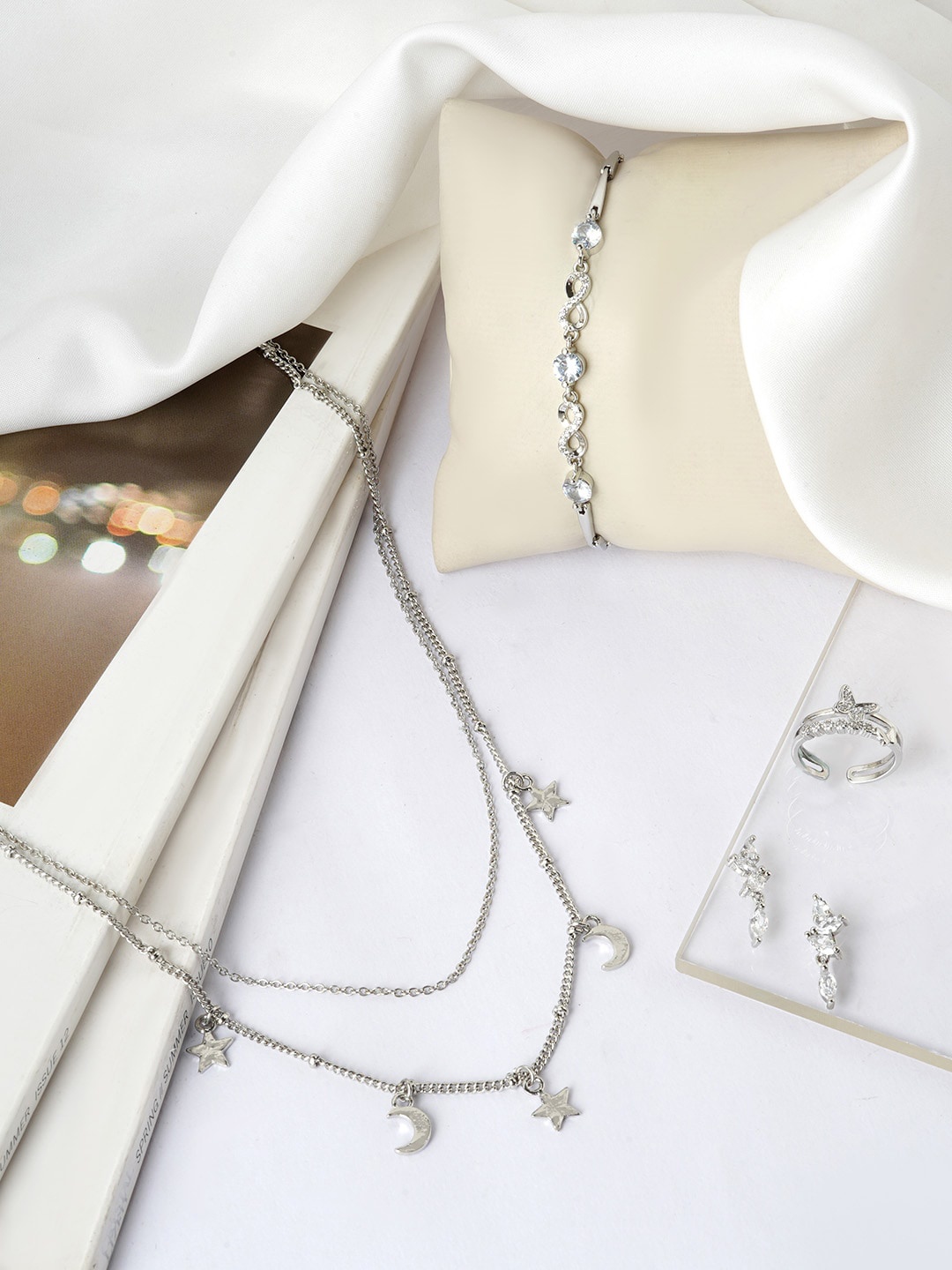 

JOKER & WITCH Women Silver-Toned White Artificial Stone-Studded Jewellery Set