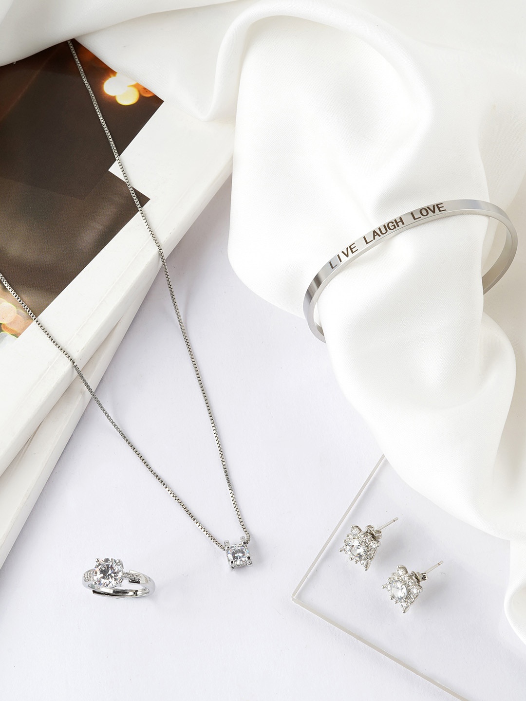 

JOKER & WITCH Silver-Toned & White Stone-Studded Jewellery Set