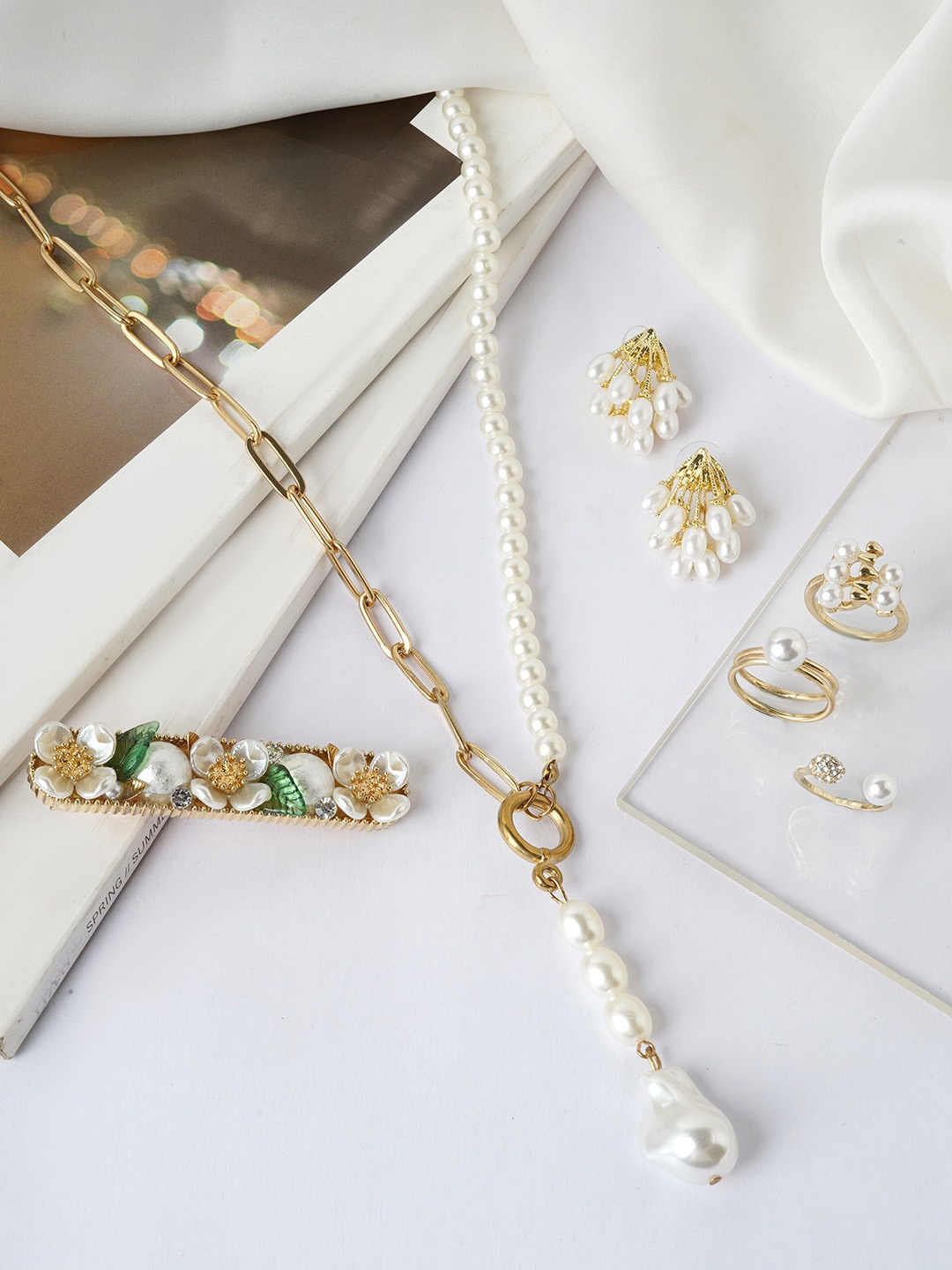 

JOKER & WITCH Gold Coloured & White Pearls Beaded Jewellery Set