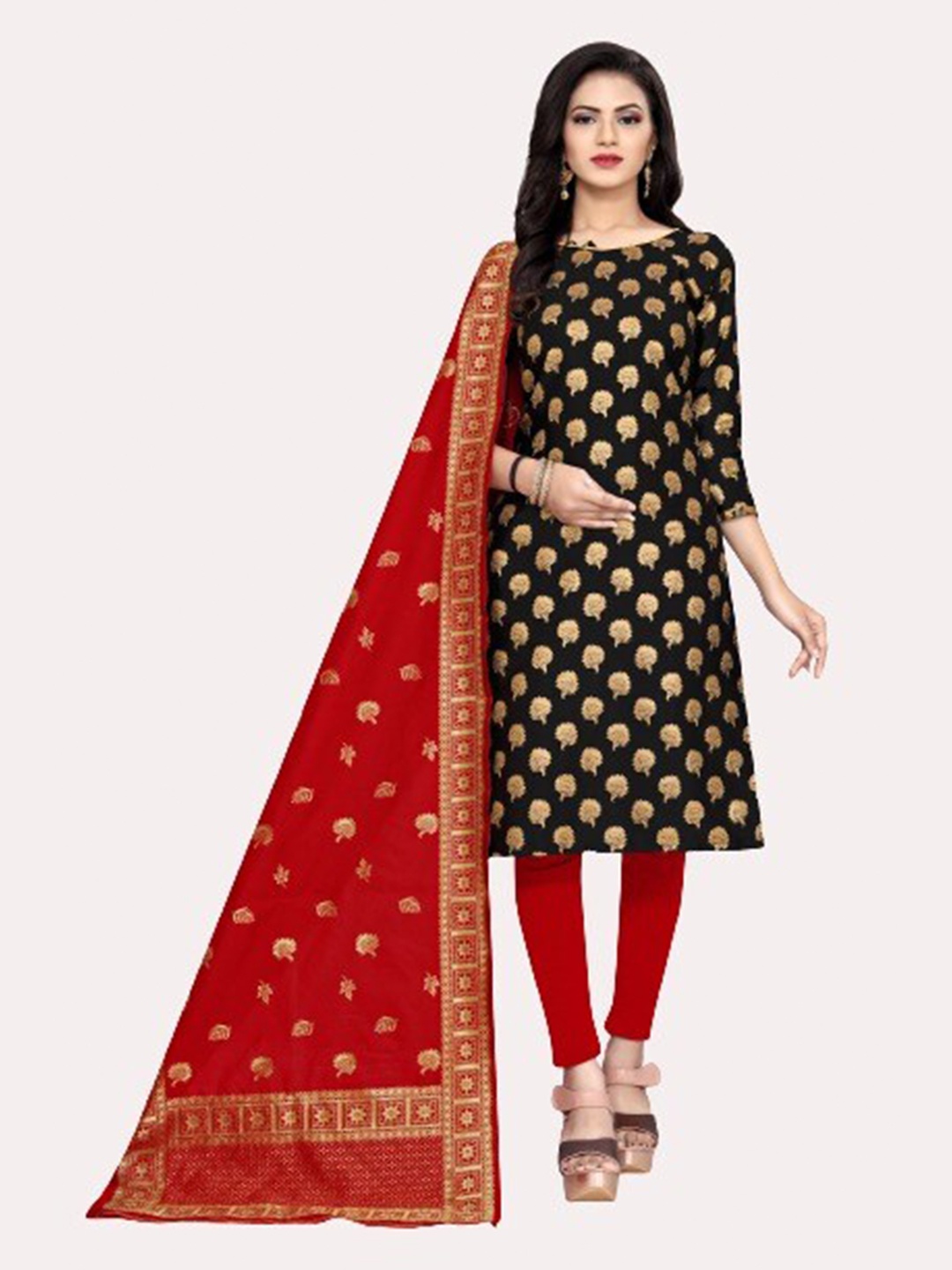 

MORLY Black & Red Banarasi Jacquard Unstitched Dress Material