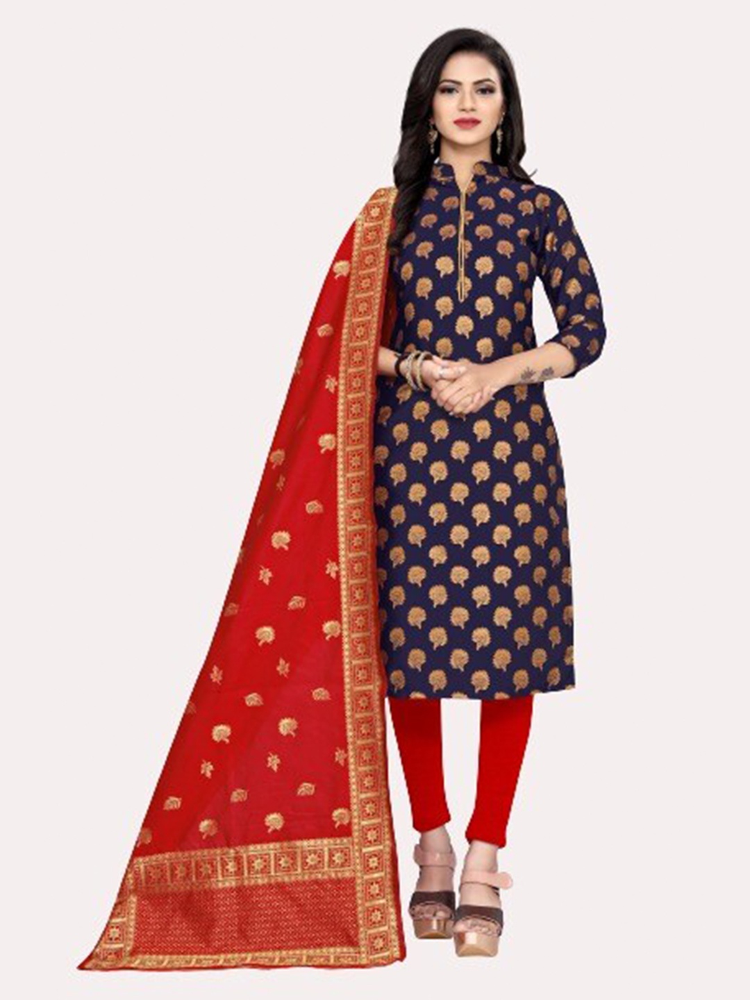 

MORLY Women Blue & Maroon Dupion Silk Unstitched Dress Material