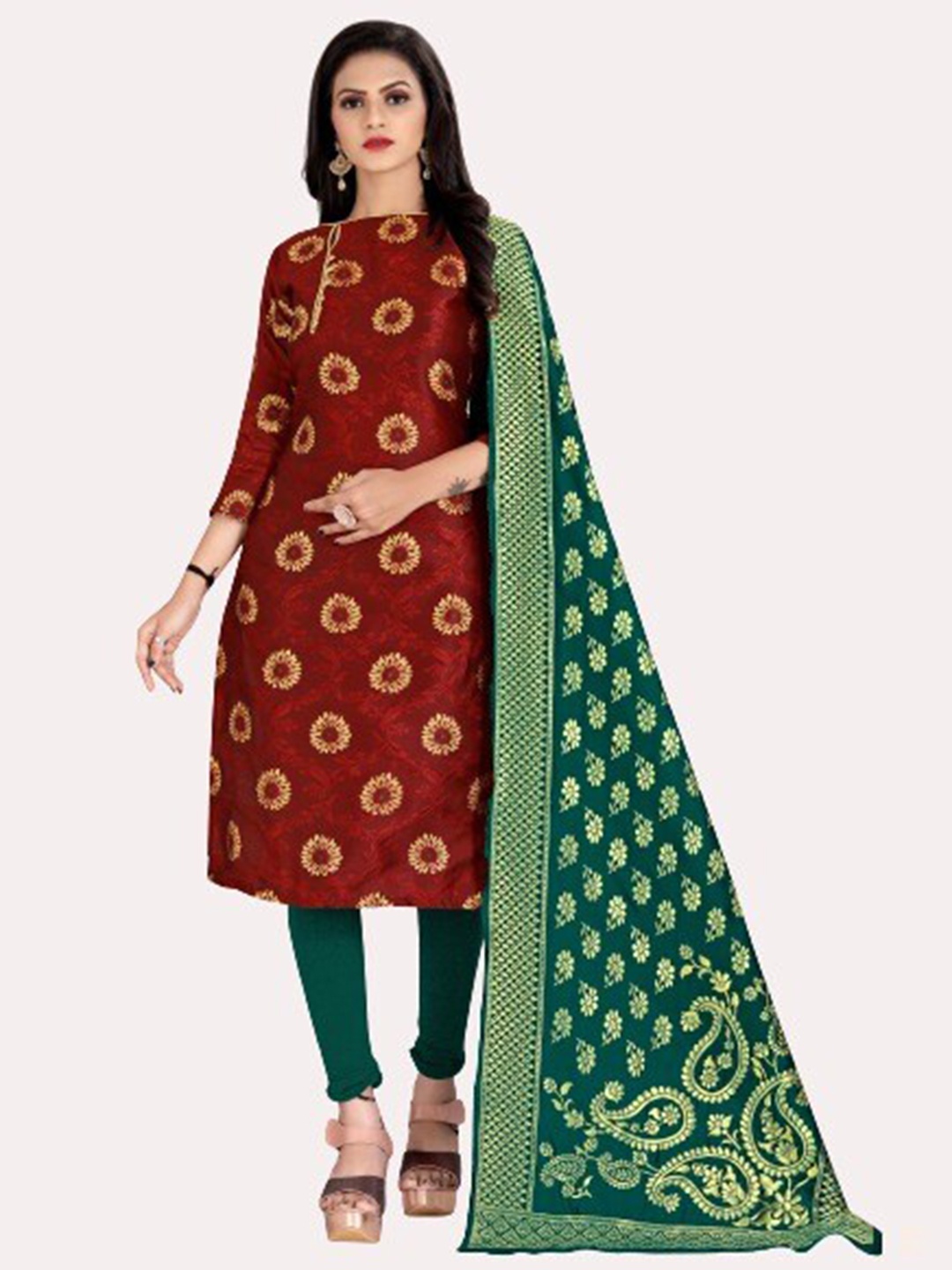 

MORLY Maroon & Green Dupion Silk Unstitched Dress Material