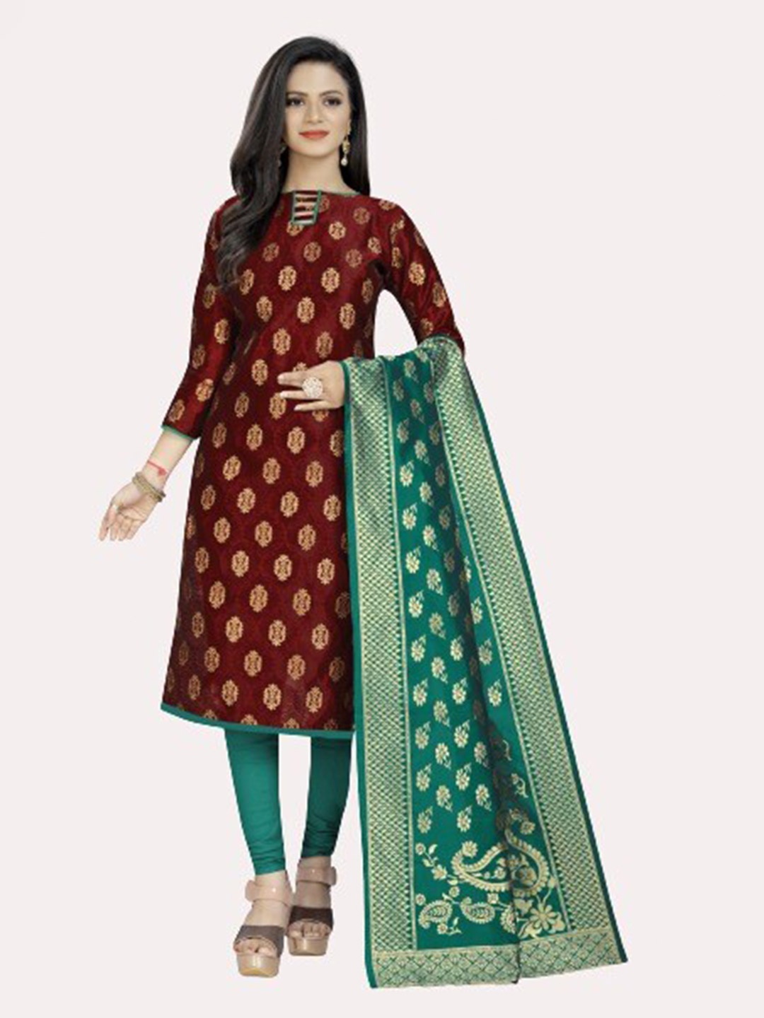 

MORLY women Maroon & Green Dupion Silk Unstitched Dress Material