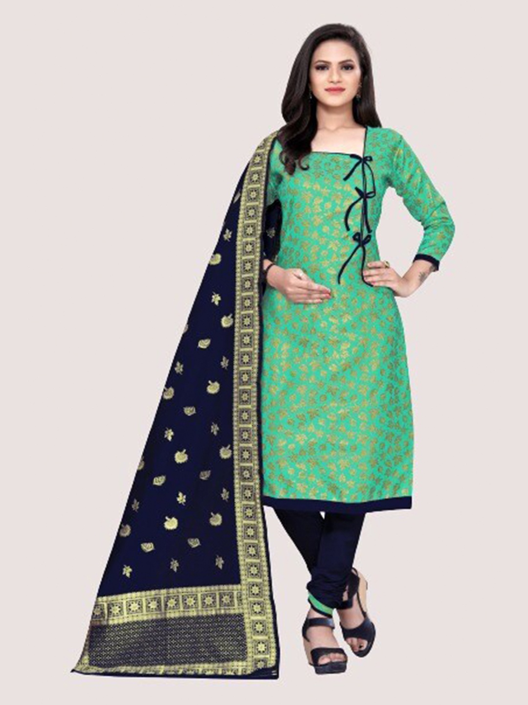 

MORLY Sea Green & Navy Blue Dupion Silk Unstitched Dress Material