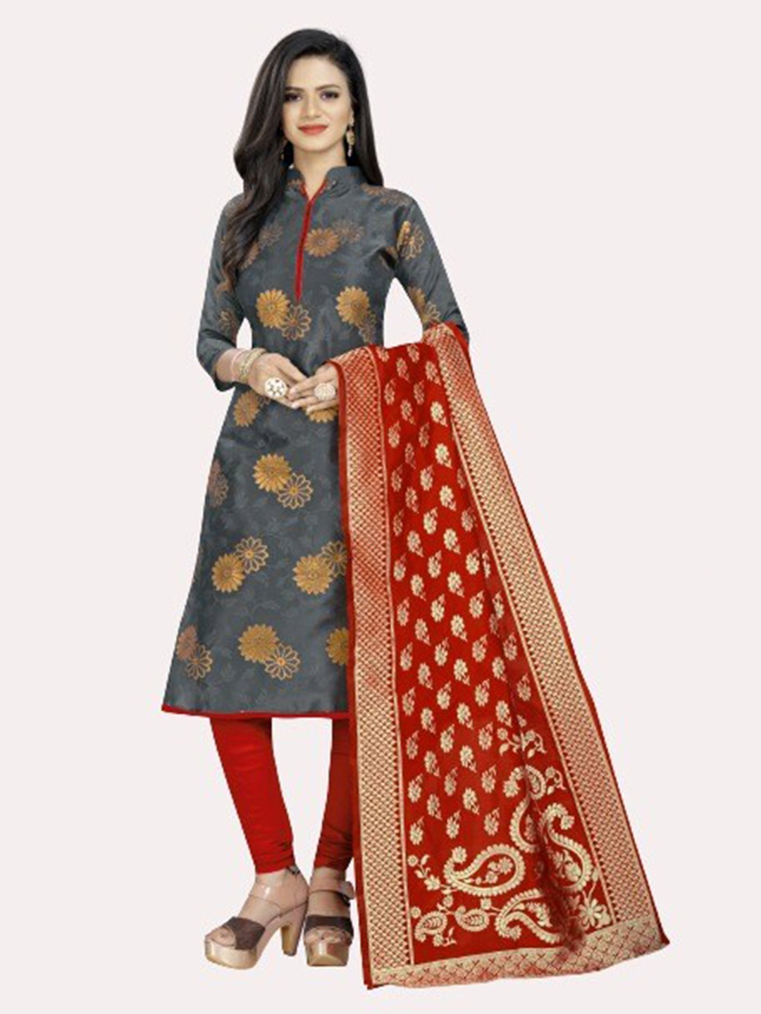 

MORLY Women Grey & Red Dupion Silk Unstitched Dress Material