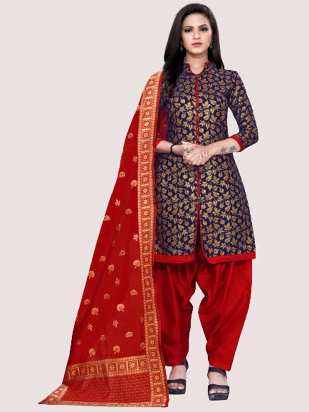 

MORLY Blue & Red Dupion Silk Unstitched Dress Material