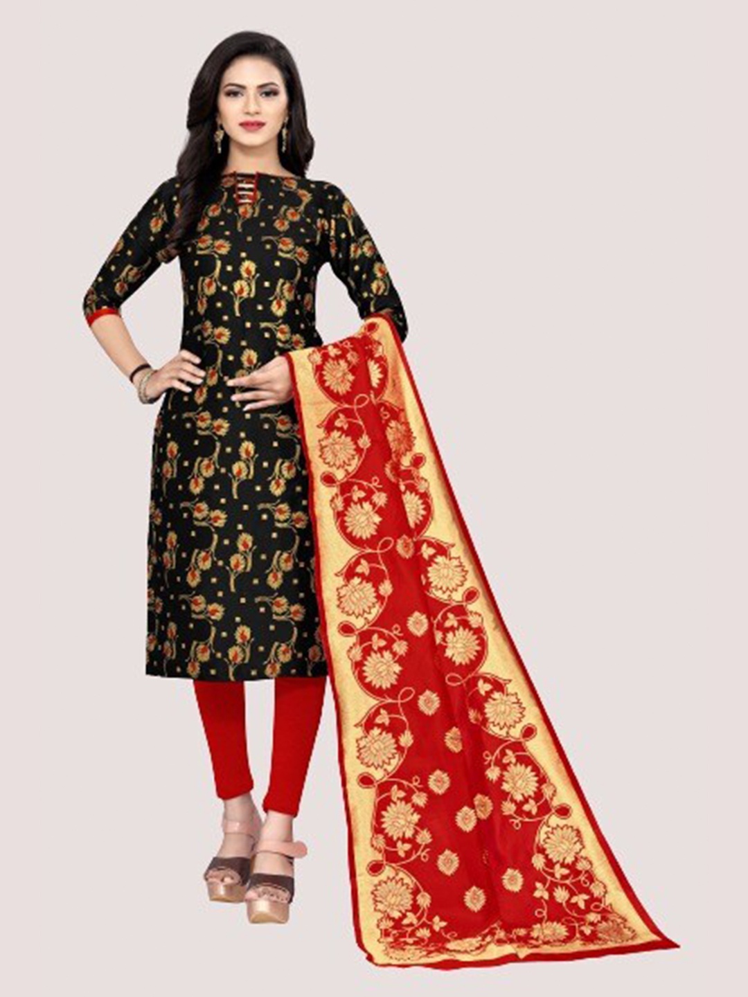 

MORLY Black & Red Dupion Silk Unstitched Dress Material