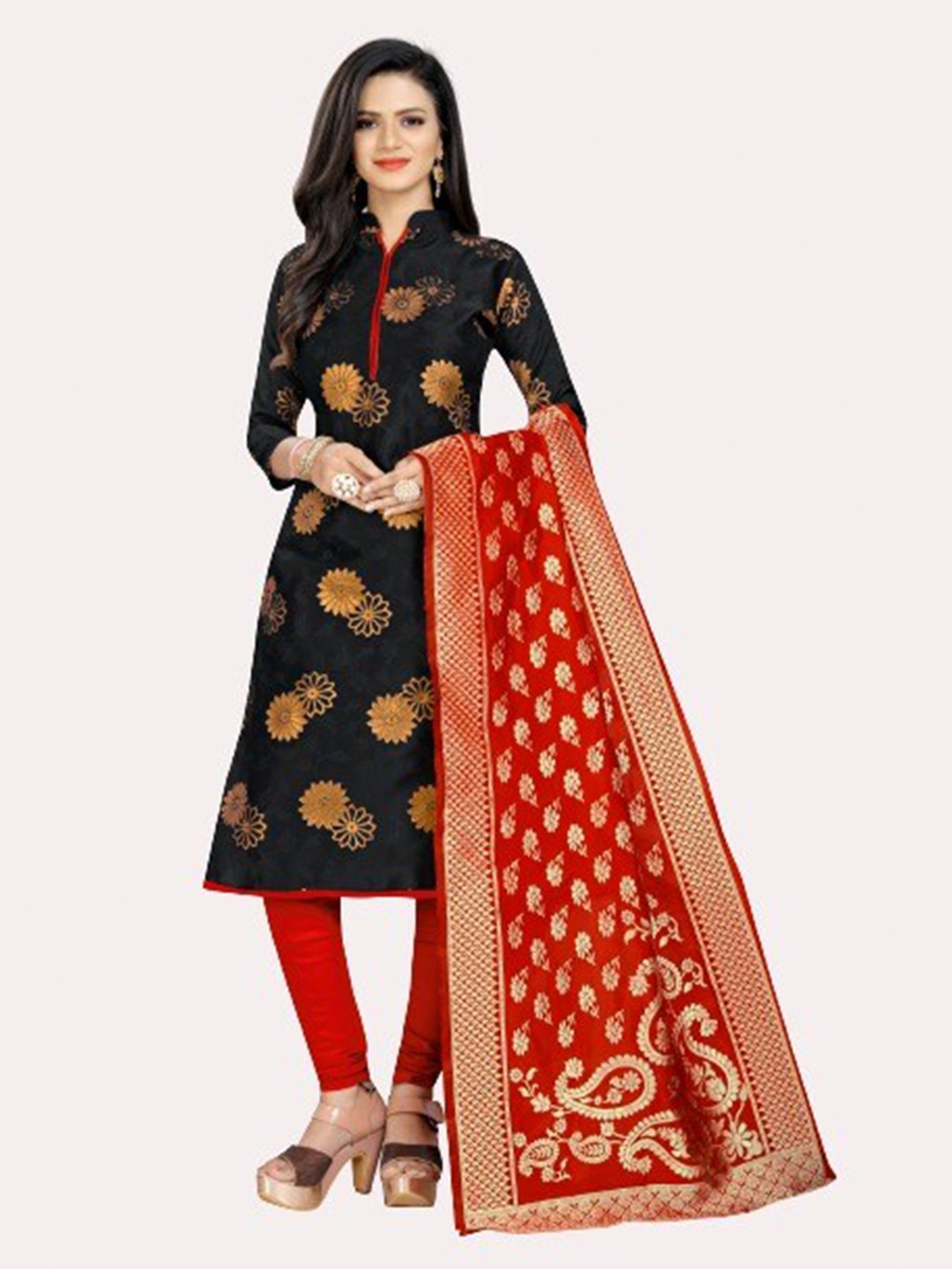 

MORLY Black & Red Dupion Silk Unstitched Dress Material