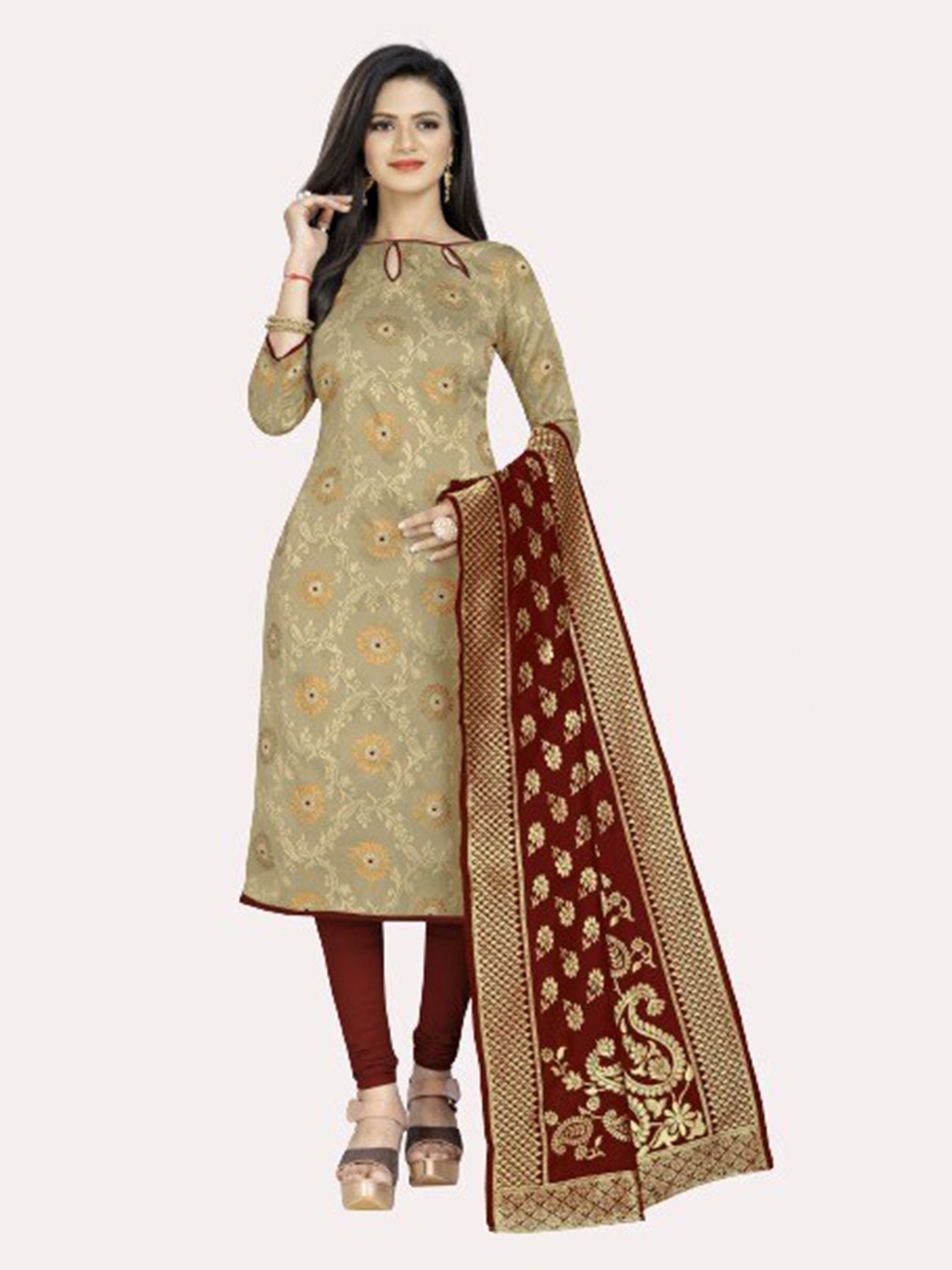 

MORLY Beige & Maroon Dupion Silk Unstitched Dress Material