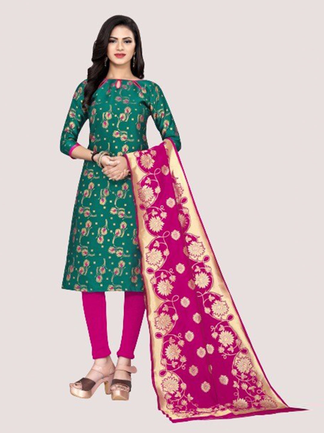 

MORLY Green & Pink Printed Banarasi Jacquard Unstitched Dress Material
