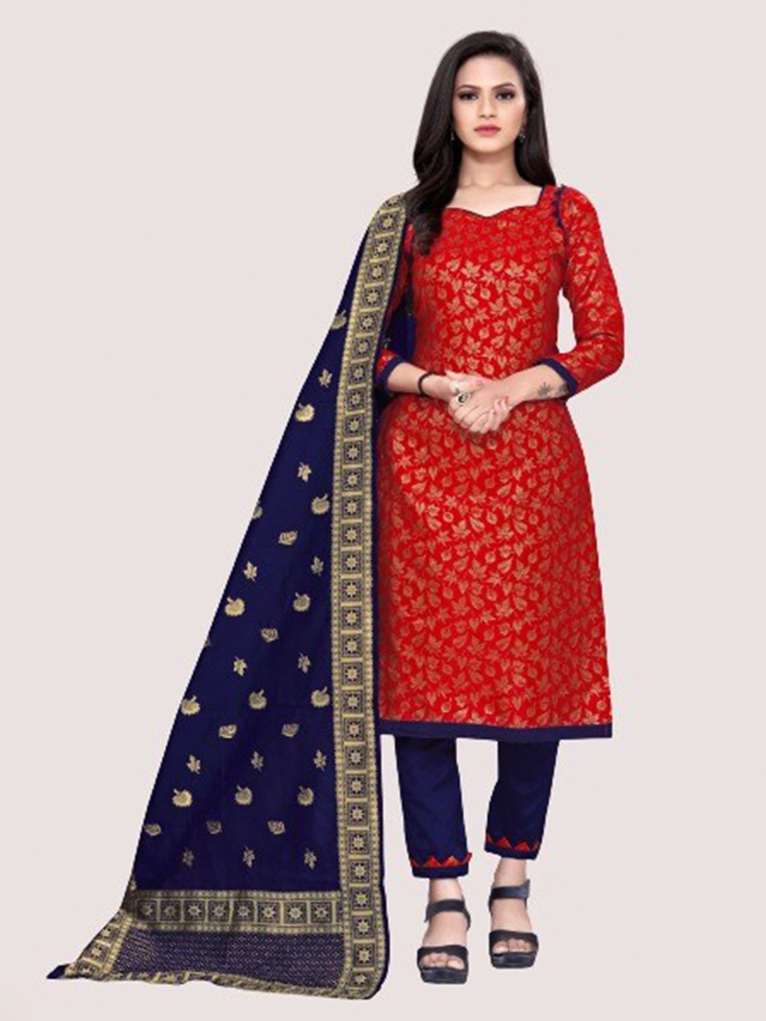 

MORLY Women Red & Navy Blue Dupion Silk Unstitched Dress Material