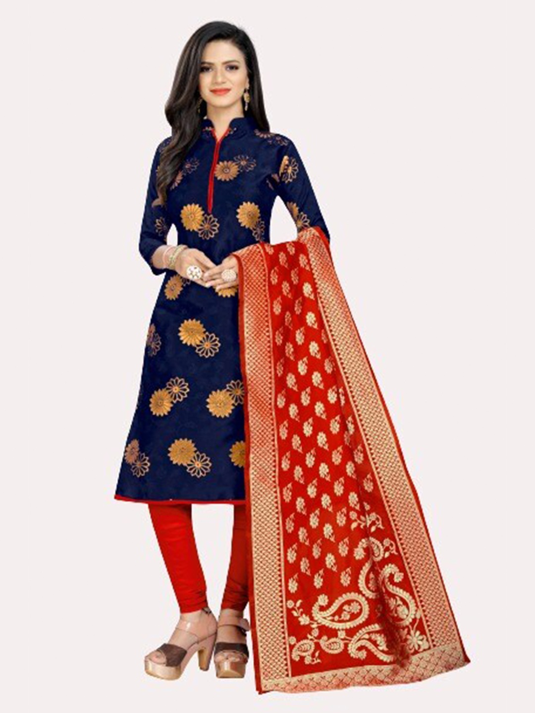 

MORLY Blue & Red Banarasi Jacquard Unstitched Dress Material